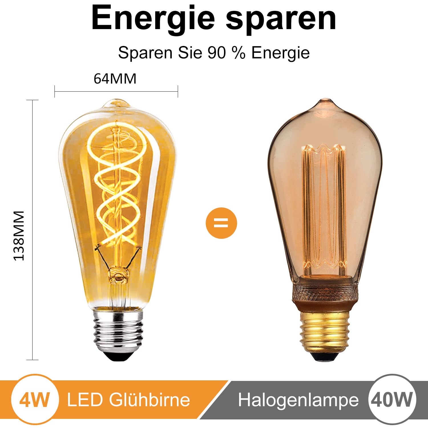 Edison Vintage Glühbirne E27 4W Dimmbar LED ST64 - Bernstein, 6 Stück