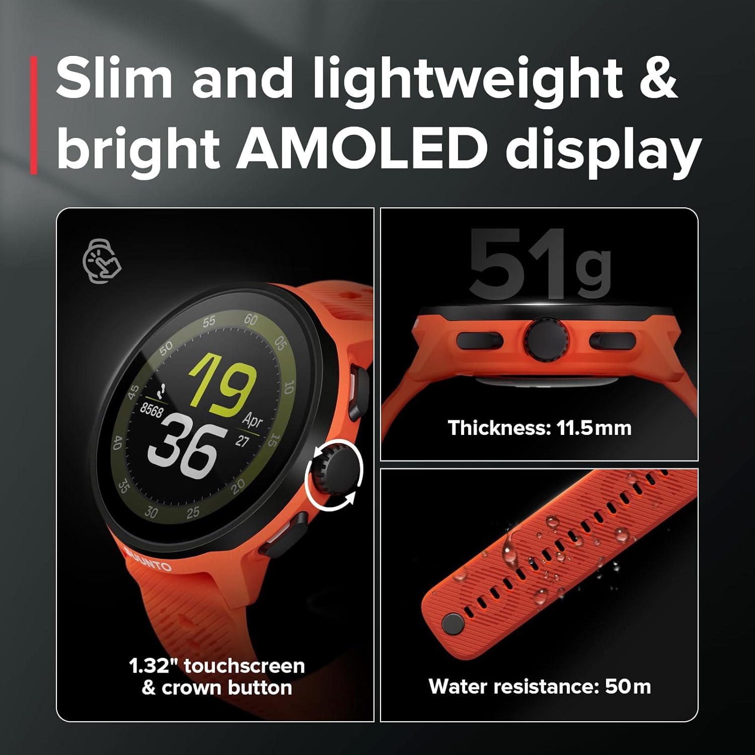 SUUNTO Run Sport Watch, Running GPS Watch Orange (w/Silicone Strap) & SUUNTO 22 ATH8 Silicone Strap Orange S+M