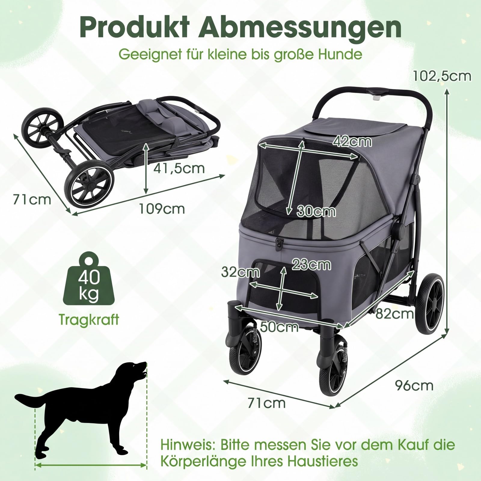 COSTWAY Hundewagen klappbar, Hundebuggy bis 40 kg, Katzenwagen mit 4 Rädern, Haustierwagen mit verstellbarem Dach, Netzfenstern & 3 Taschen, Haustierbuggy Grau, für große Katzen Hunde
