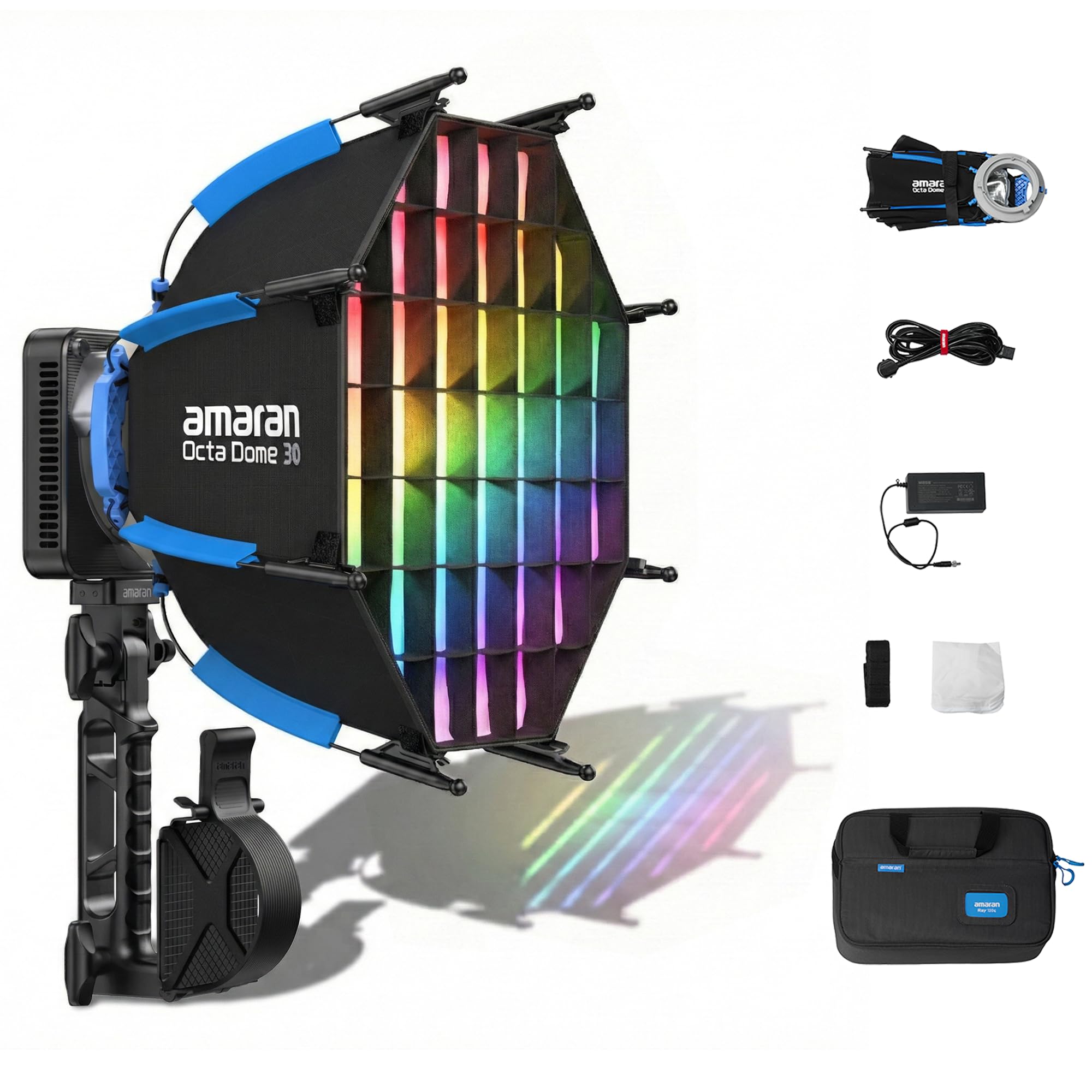 Amaran Ray 120c Full Color COB LED Video Light, 120W Ultra-Compact Travel Light con Octa Dome 30 Softbox, USB-C PD Power, IP54, OmniColor Engine, 2.300K-10.000K, App/NFC Control, Bowens Mount