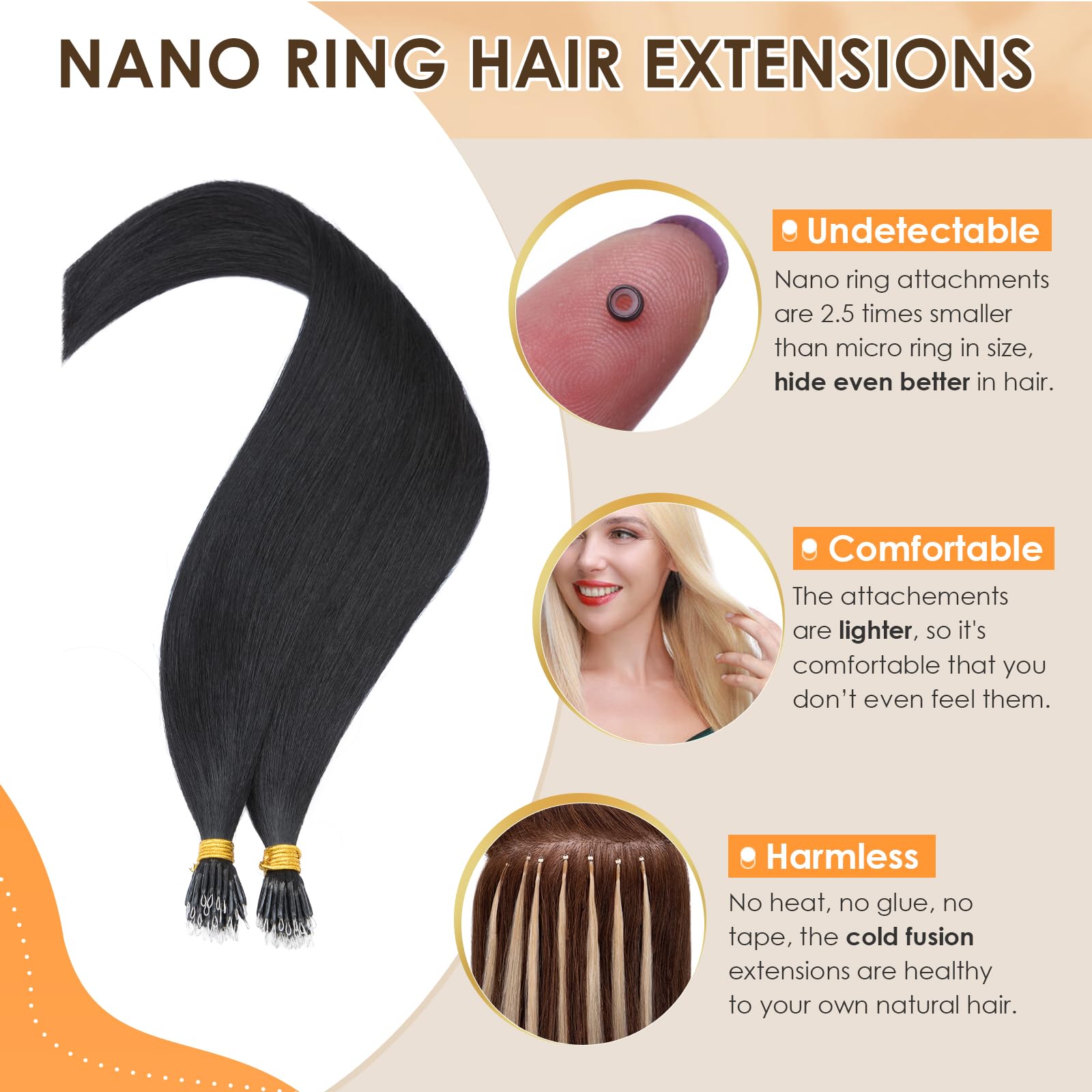 Elailite Nano Beads Hair Extension Real Human Hair With Nano Ring 50 Strands Cold Fusion Straight (#1 Jet Black, 24 Inch) - Image 2