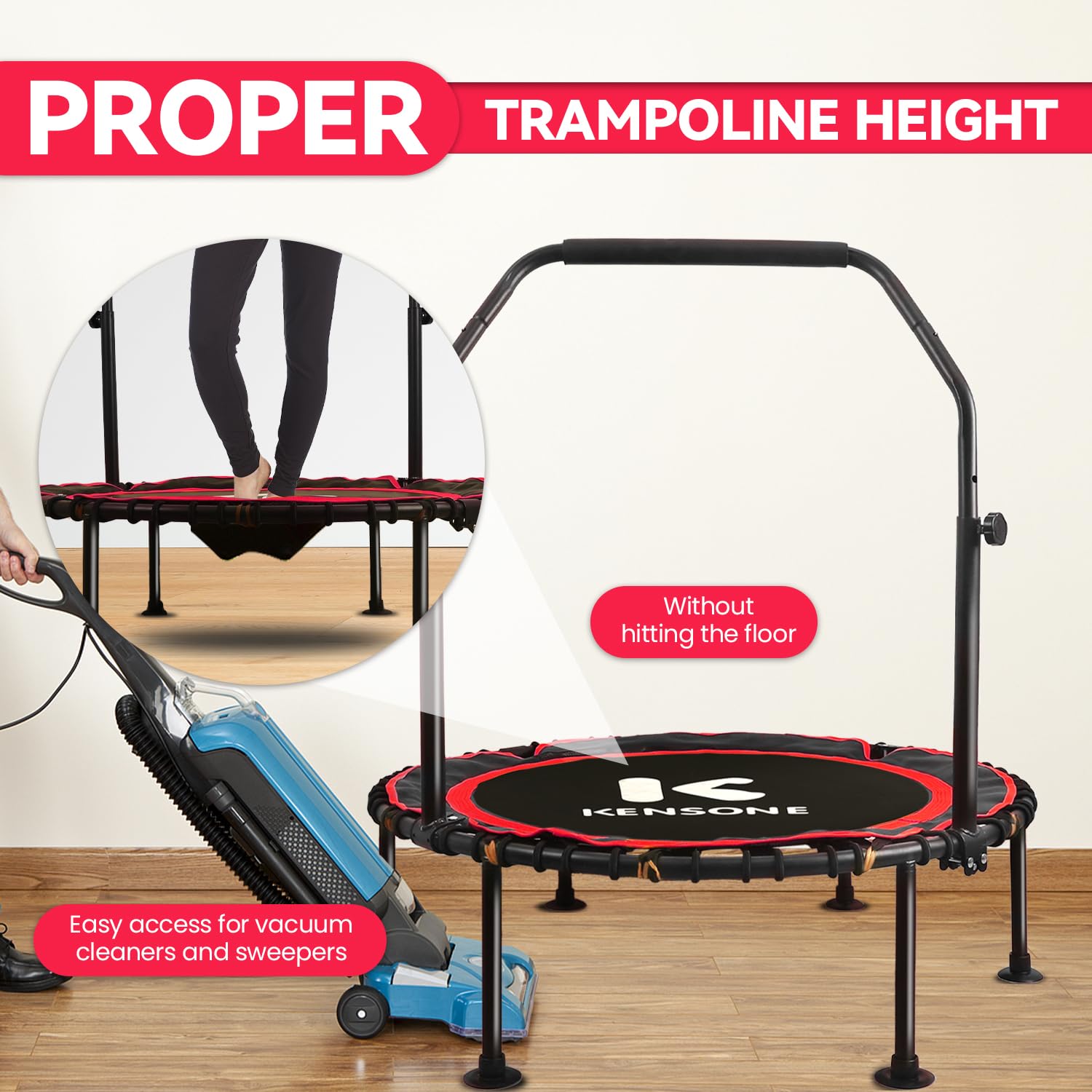 K KENSONE 40/48 Zoll Faltbares Rebounder Trampolin für Erwachsene mit Bungee, 450/250 kg leises Indoor-Mini-Trampolin für Erwachsene, Fitness, Fitnessstudio, Heimübung