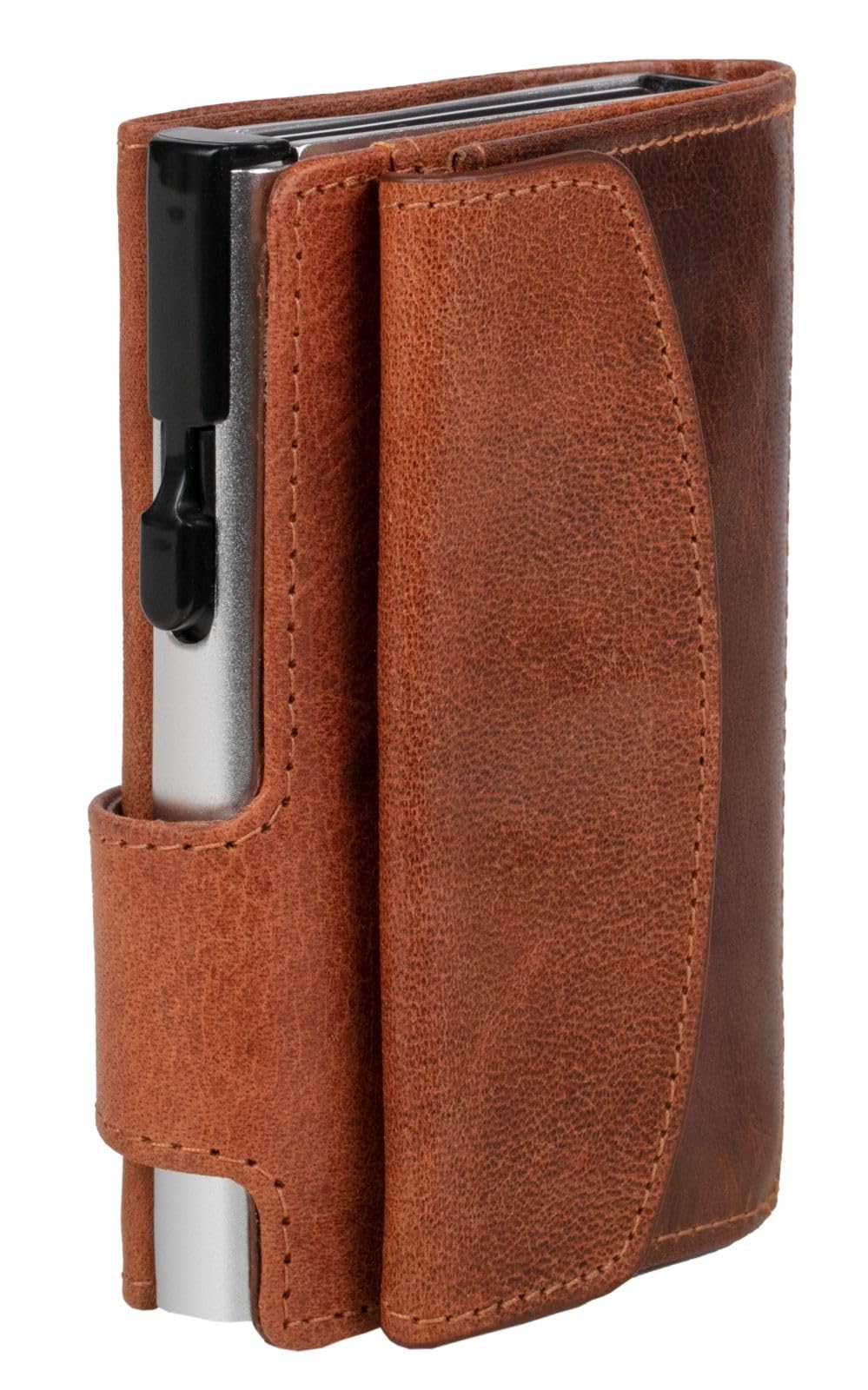 962508 Kreditkartenetui mit Münzfach und Geldscheinfach aus cognacfarbenem Büffelleder mit champagnerfarbenem Aluminium Tresor und RFID Schutz (Kartenetui, Kartenhalter, Slim Wallet)