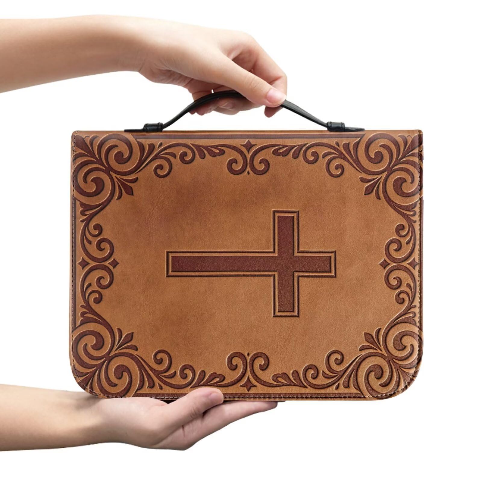 Kuiaobaty Classic Cross Bible Cover Case with Handles, PU Leather Book Covers for Paperbacks Mens Large Bible Bag Organizer, Brown — image 1