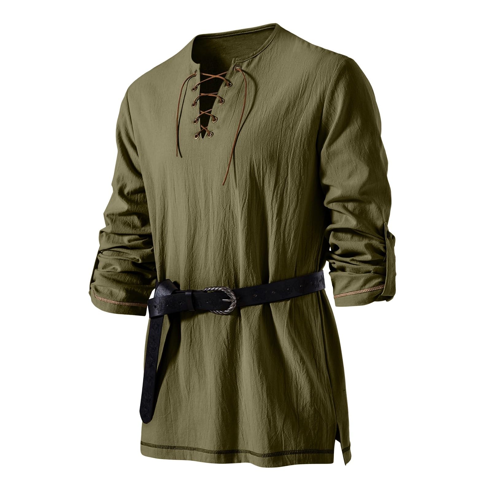 Cocila Men's Medieval Viking Pirate Renaissance Shirt with Belt Halloween Retro Shirts Cotton Linen Drawstring Vintage Cosplay Tops Loose Lace Up Shirts Green M