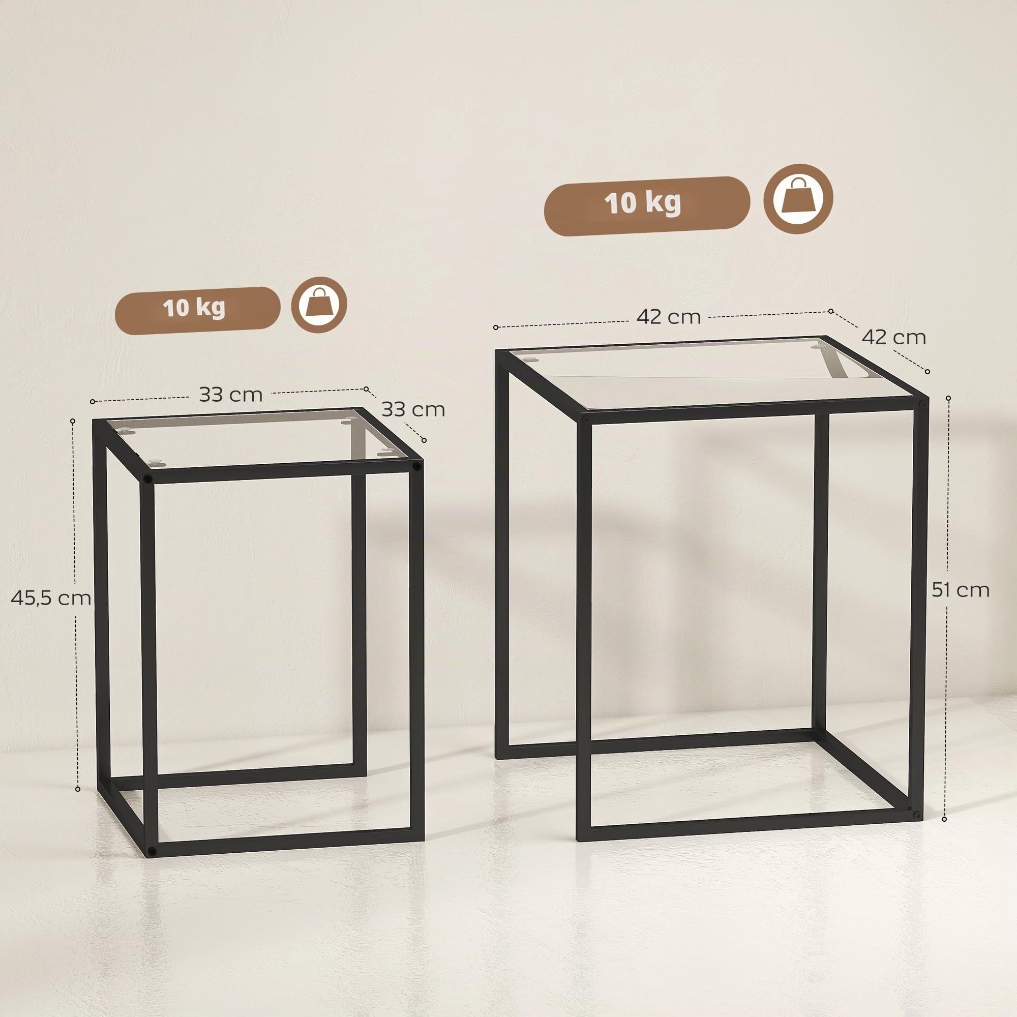 HOMCOM 2er Set Beistelltisch Stapelbar Modern mit Stahlbeinen Schwarz | Nachttisch, Couchtisch, Tischplatte aus Verstärktem Glas, Wohnzimmertisch, Kaffeetisch, Modernes Design