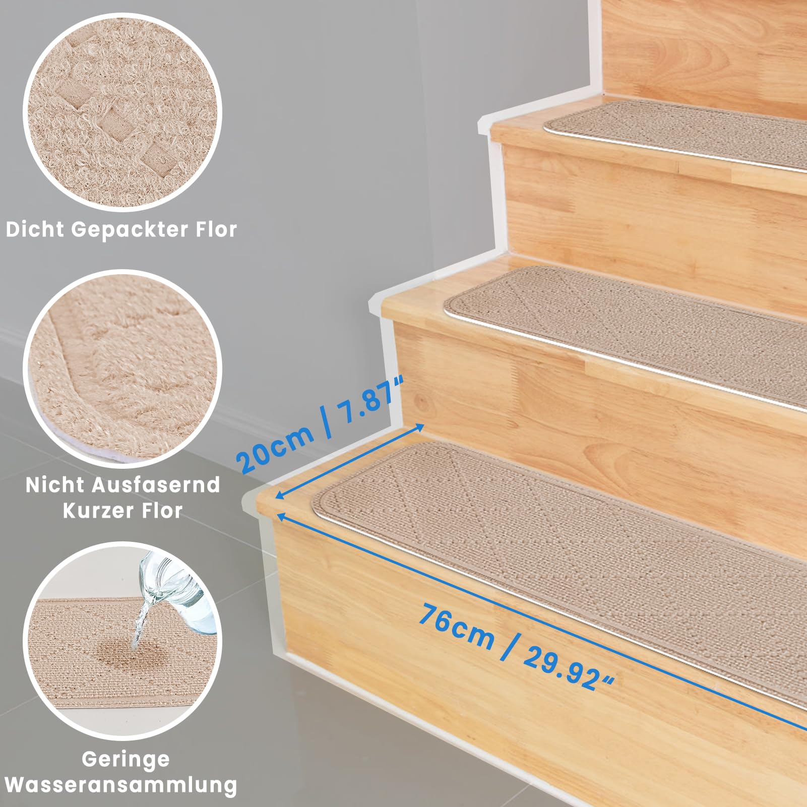 Treppenstufen Matten 76x20 cm, Stufenmatten Selbstklebend Innen 15 Stück, Treppenstufen Antirutsch Zuschneidbar Wiederverwendbar für Schützen Sie Haustiere, Senioren Kinder (Cremebeige)