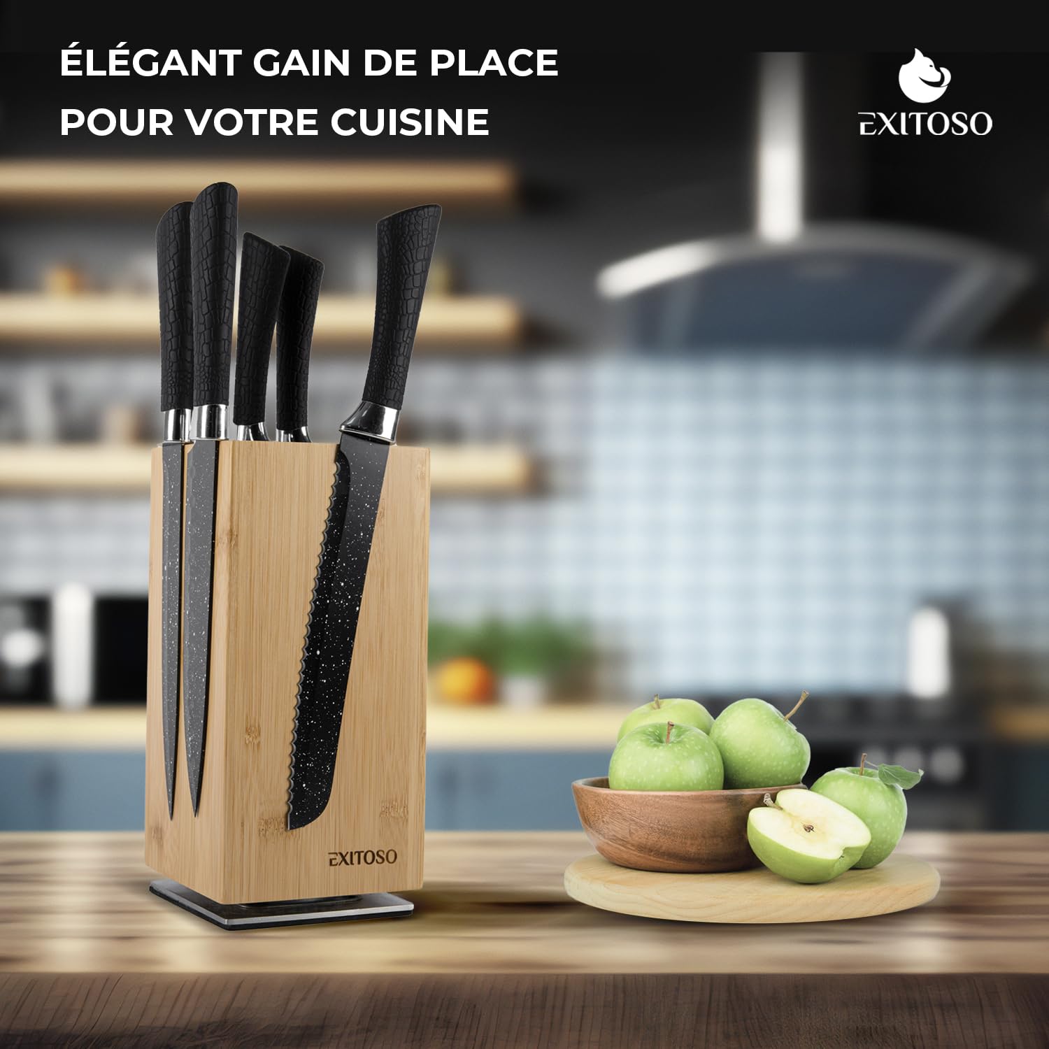 Exitoso NOUVEAU bloc à couteaux en bambou, rotatif à 360 degrés avec aimants à l'extérieur et insert en poils amovibles - espace pour jusqu'à 20 couteaux | rangement sécuritaire des couteaux