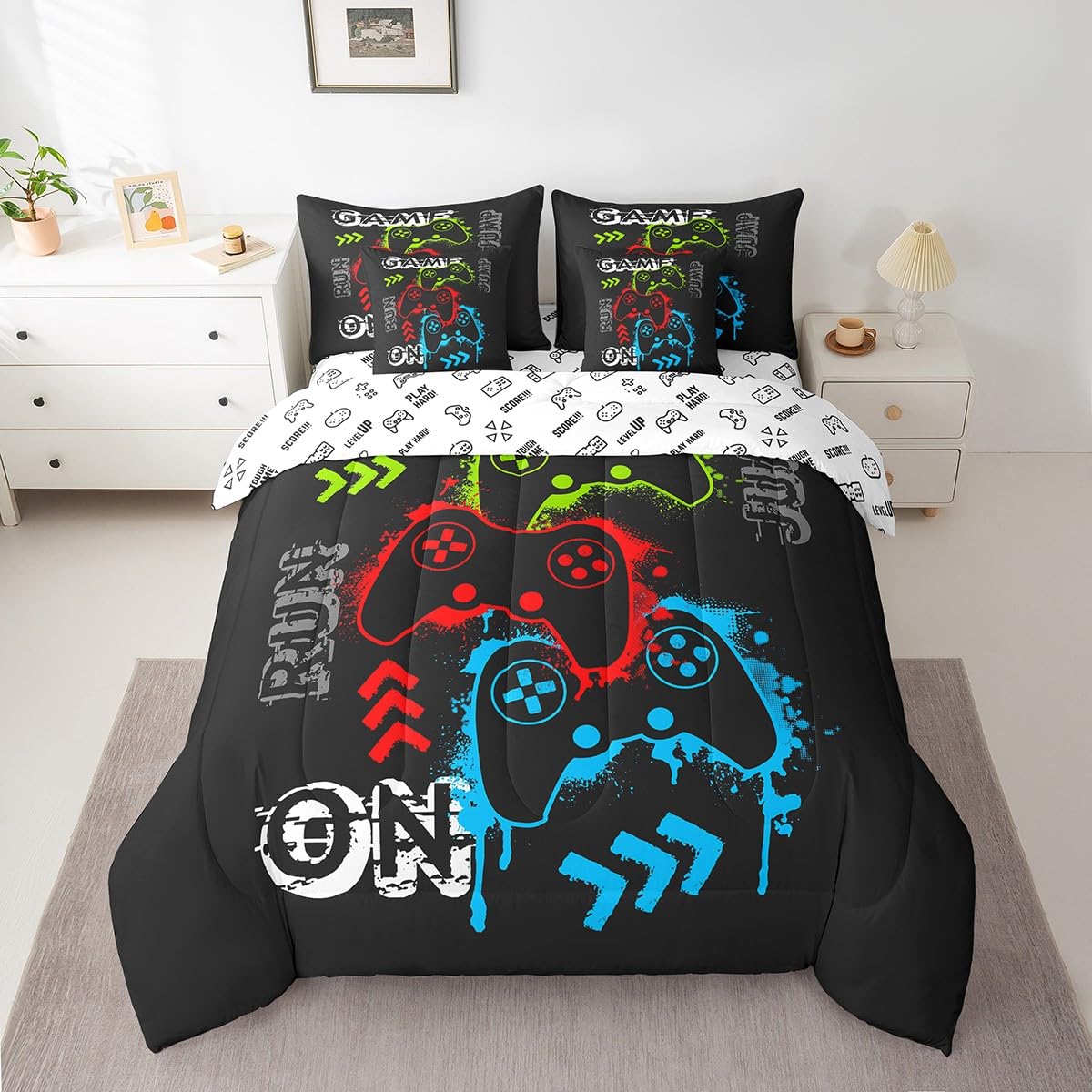 Feelyou 3D Gaming Comforter Set with Sheets Boys Teens Gamer Video Game Controller Reversible 7 Piece Bedding Set Twin Size Gamepad Decor Bed in a Bag