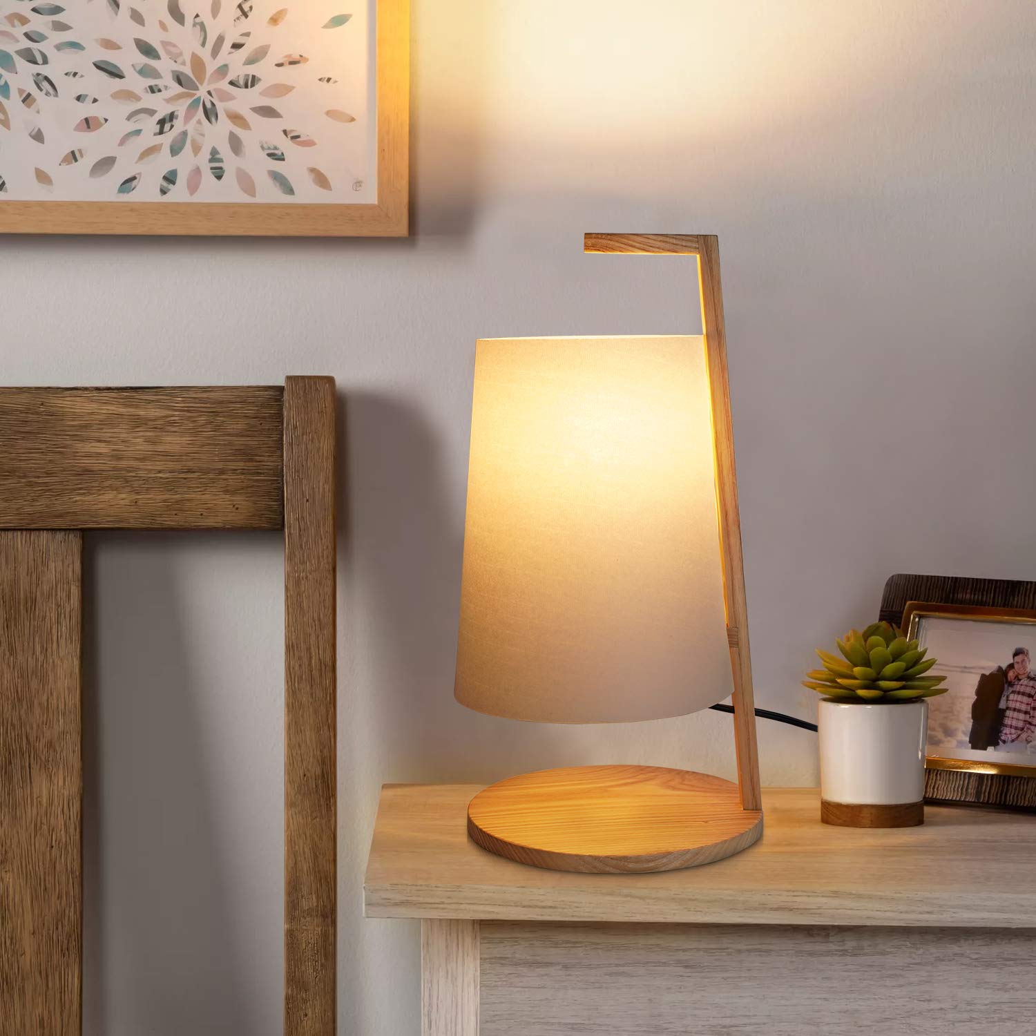 Wood Table Lamp, Imego Modern Bedside Desk Lamp, Small Nightstand Lamp for Bedroom Living Room Kids Room College Dorm