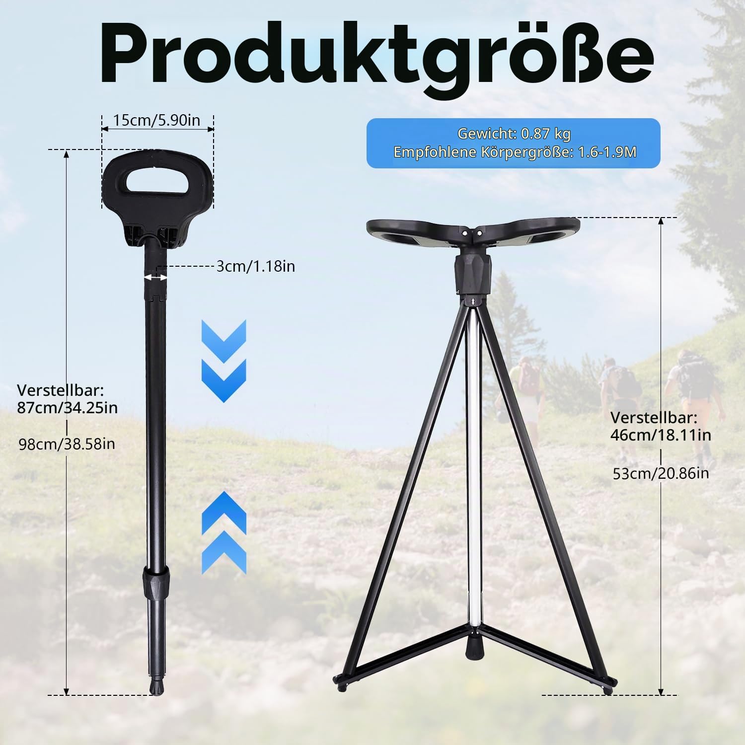 Höhenverstellbarer Gehstock mit Sitz, Tragbarer Aluminium Gehstock Klappbar mit Rucksack-Aufbewahrungstasche,Dreieckiger Matte und Einbeiniger Matte,Geeignet für Erwachsene & Senioren Outdoor Reisen