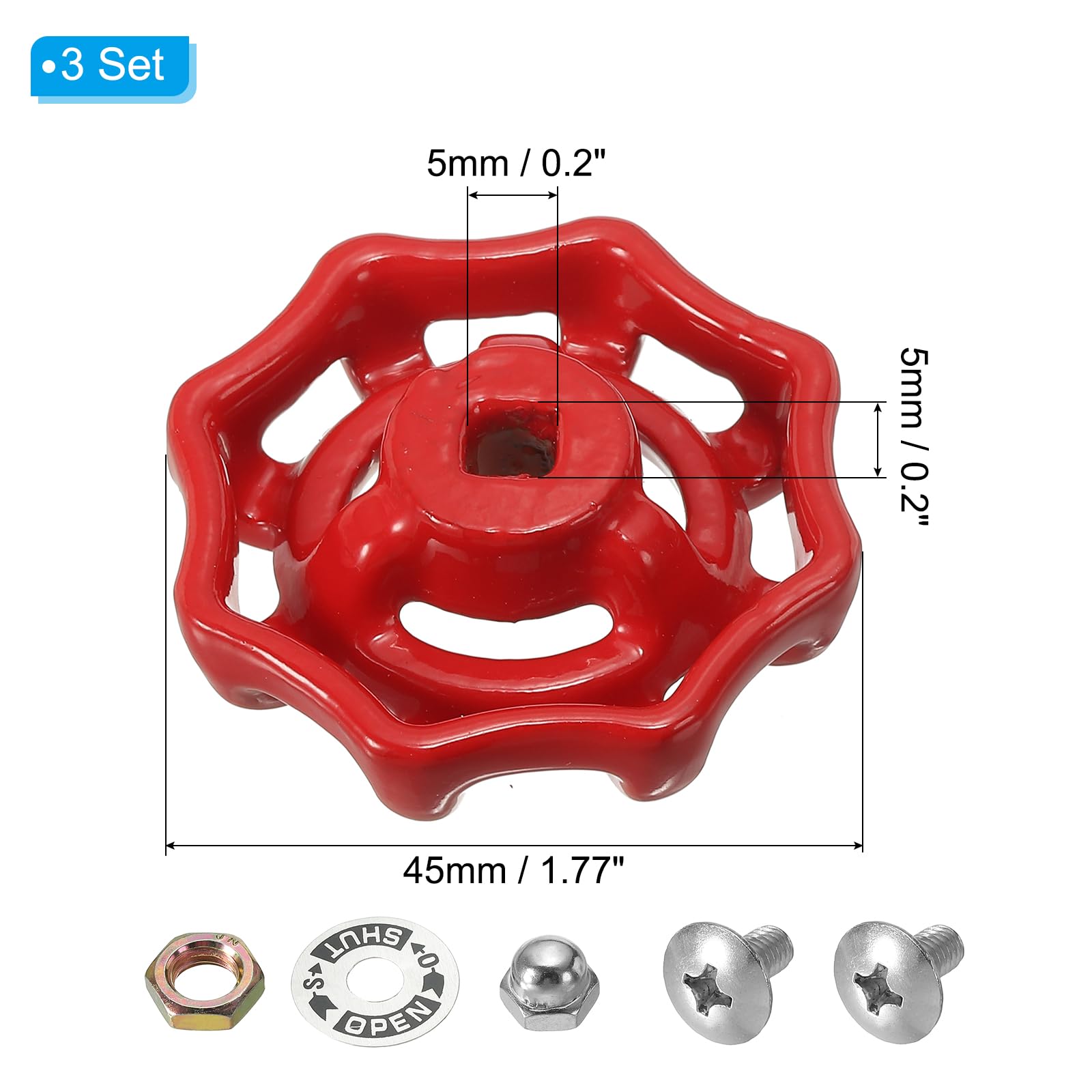 PATIKIL Red Cast Steel Faucet Handle, 5x5mm Square Stem Hole, 3 Pack with Accessories - Image 2
