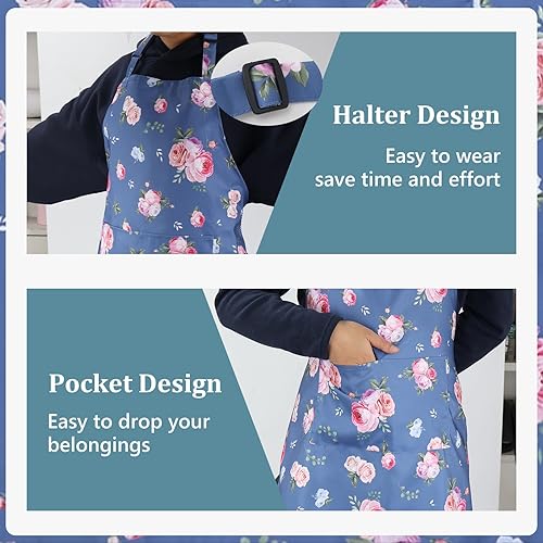 Miniatura 4 de Divertido delantal floral para mujer, delantal de cocina ajustable con 2 bolsillos, delantales florales azules, delantales de chef o cocina,