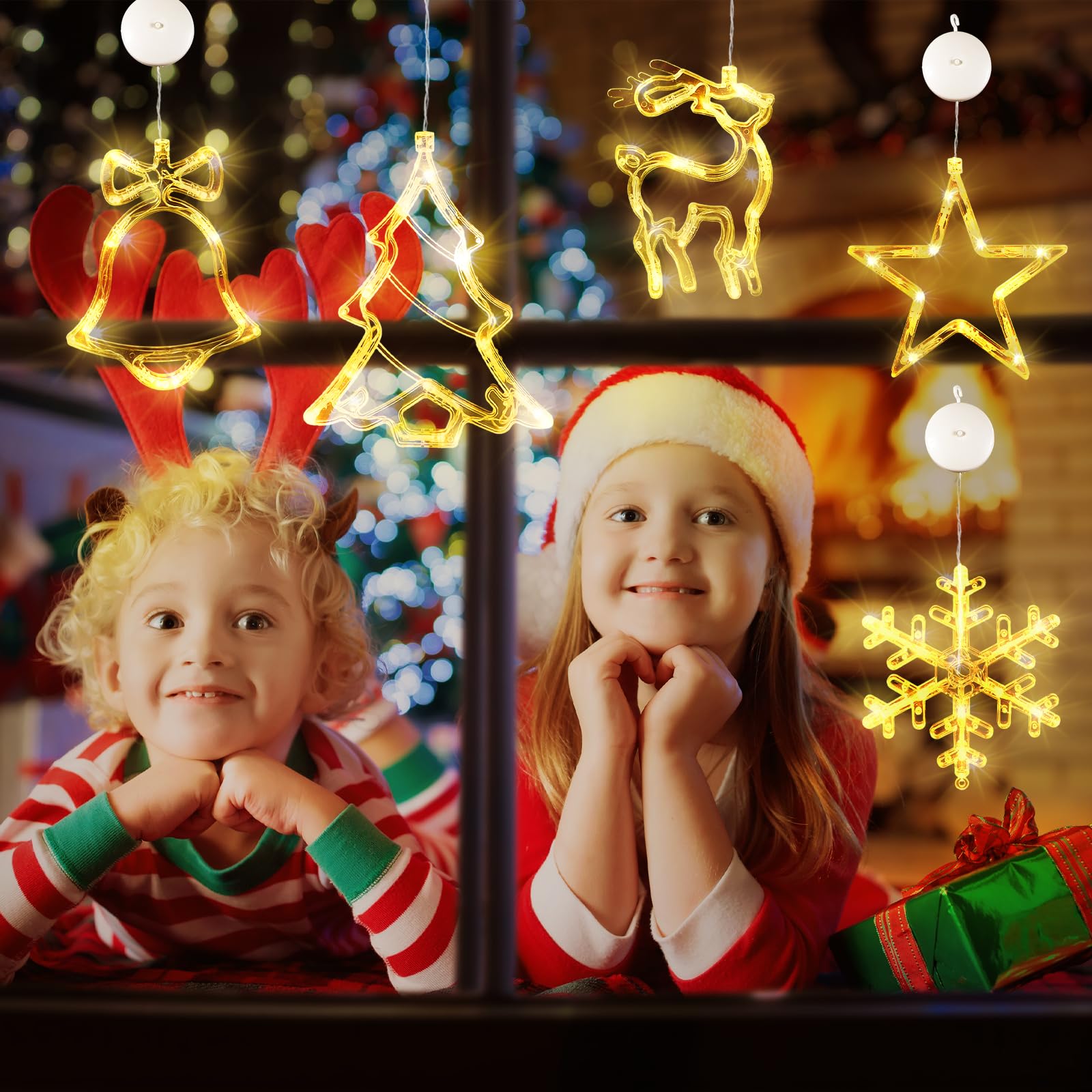 Weihnachts-Fensterlichter, Dekoration, beleuchtete Glocke, Baum, Rentier, Schneeflocke, Stern, batteriebetrieben mit Saugnapf, für Weihnachten, Fenster, Glas, Wand, Innendekoration, mehrfarbig
