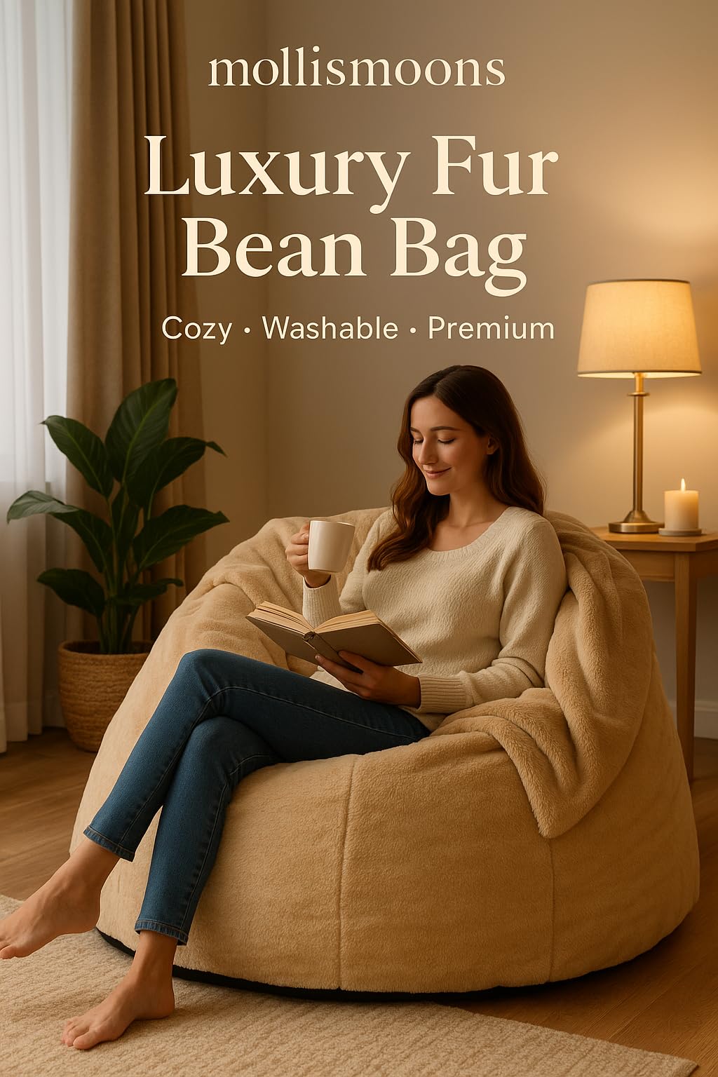 Mollismoons Fur Bean Bag Sofa Couch for Living Room Ivory Color Cream Color Best Bean Bag for Living Room Luxury Lounge Chair Latest (Bean Bag XXXL Without Beans Cover only) 1