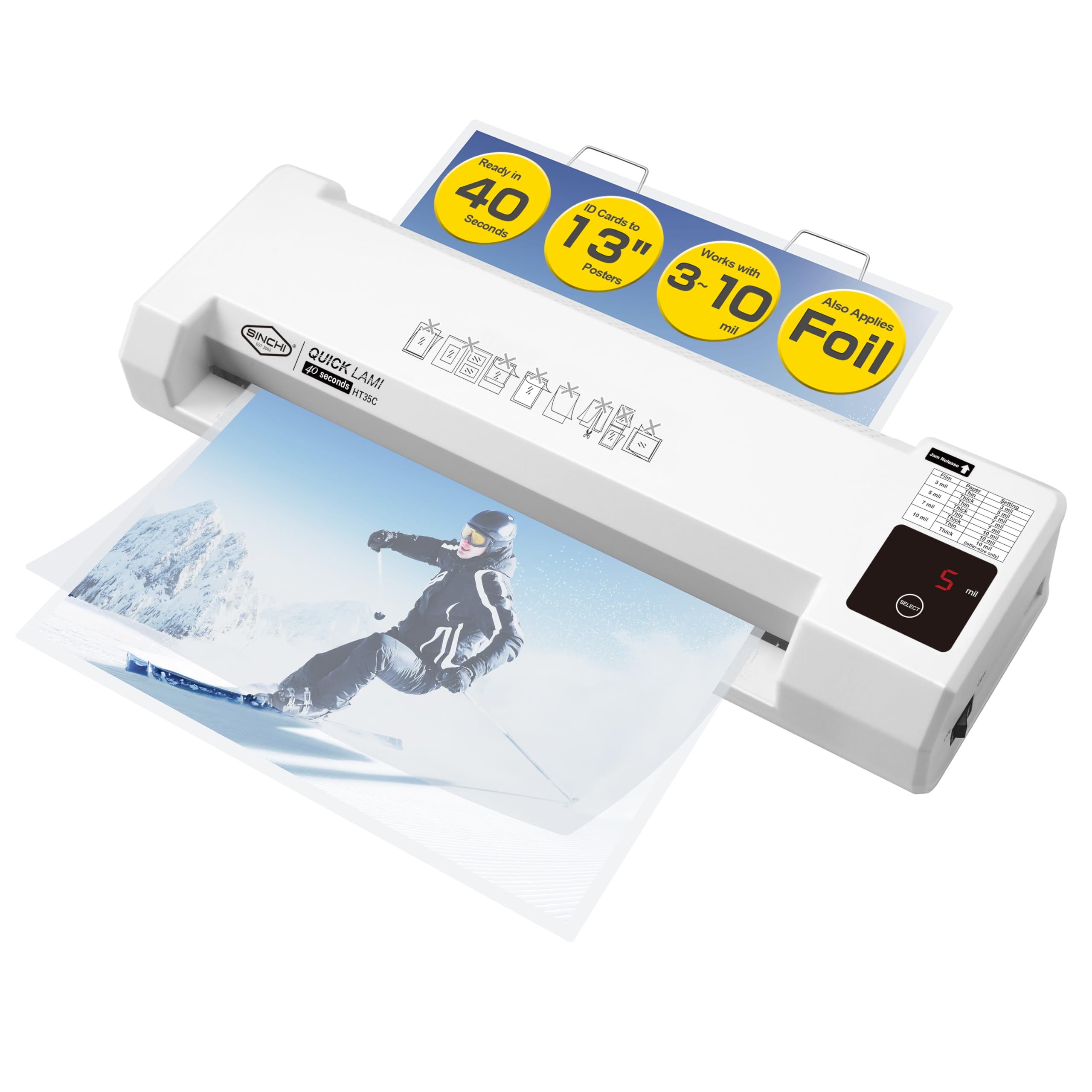 SINCHI 3–10 Mil Thermal Laminator & Foil Applicator – 13-Inch, 2-Large-Roller, 40s Warm-Up, 50s/Page, LED Touch Panel, Jam Release, Auto Shut-Off, 10 Sheets Included – for Office, School & Home Use