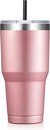 ALOUFEA Vaso de acero inoxidable de 30 onzas, vaso de café aislado con tapa y pajilla, taza de café de viaje de doble pared para bebidas frías y
