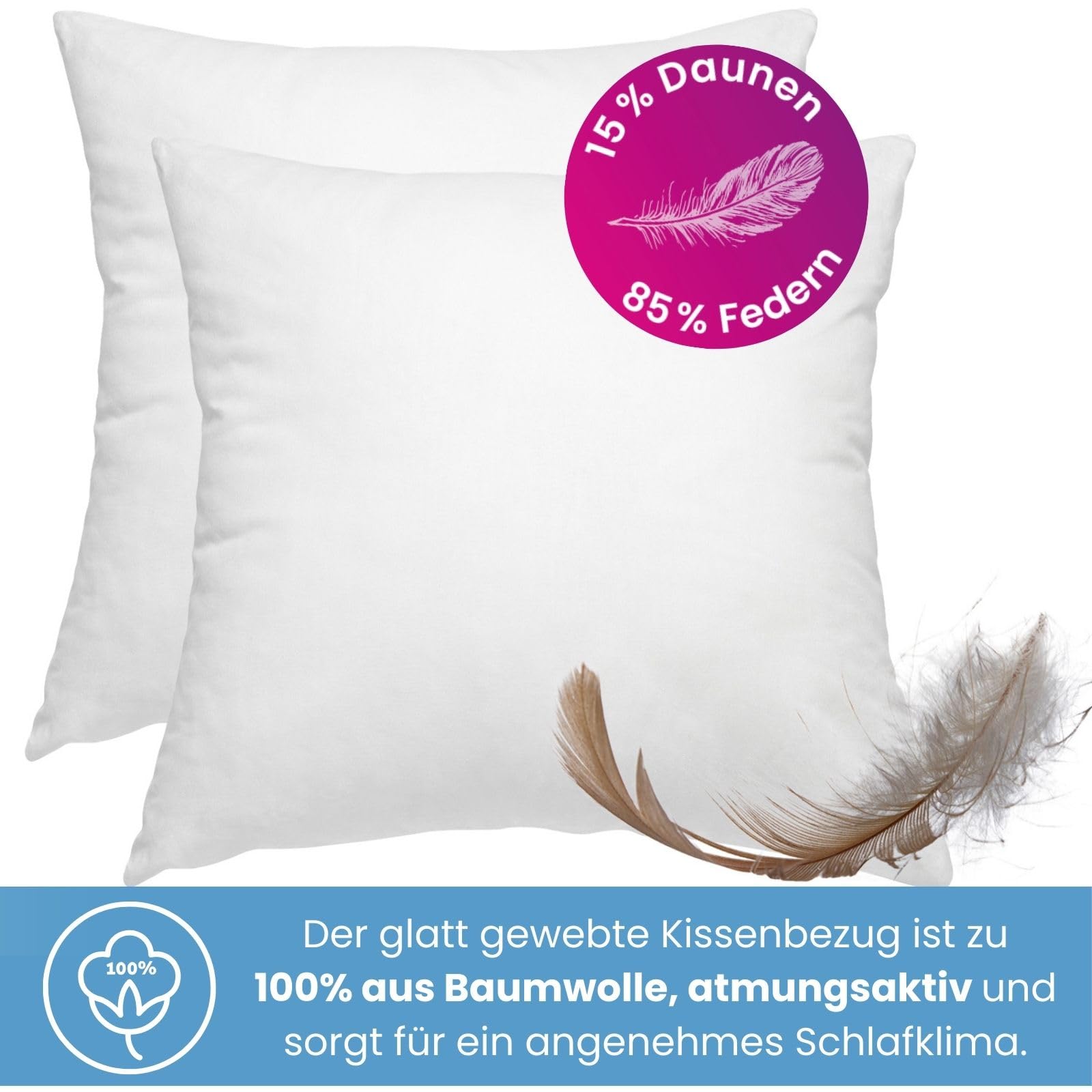 wometo Premium-line Zestaw 2 poduszek z piór 90% pióra 10% puch 45 x 45 cm - 500 g OekoTex wypełnienie poduszki poszewka bawełniana biała I wewnętrzna poduszka / wypełnienie poduszki 45 cm x 45 cm