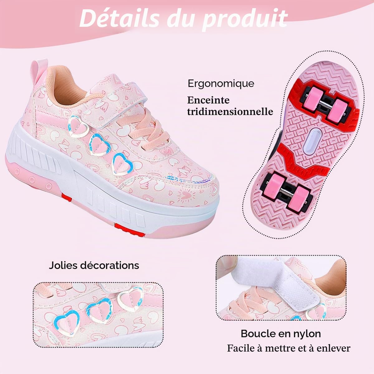 Chaussure a Roulette Fille Garcon, 2 en 1 Mode Chaussures a roulettes Retractable Enfants avec 4 Basket Roller, Extérieur Réglables Filles Roller pour Violet-Rose
