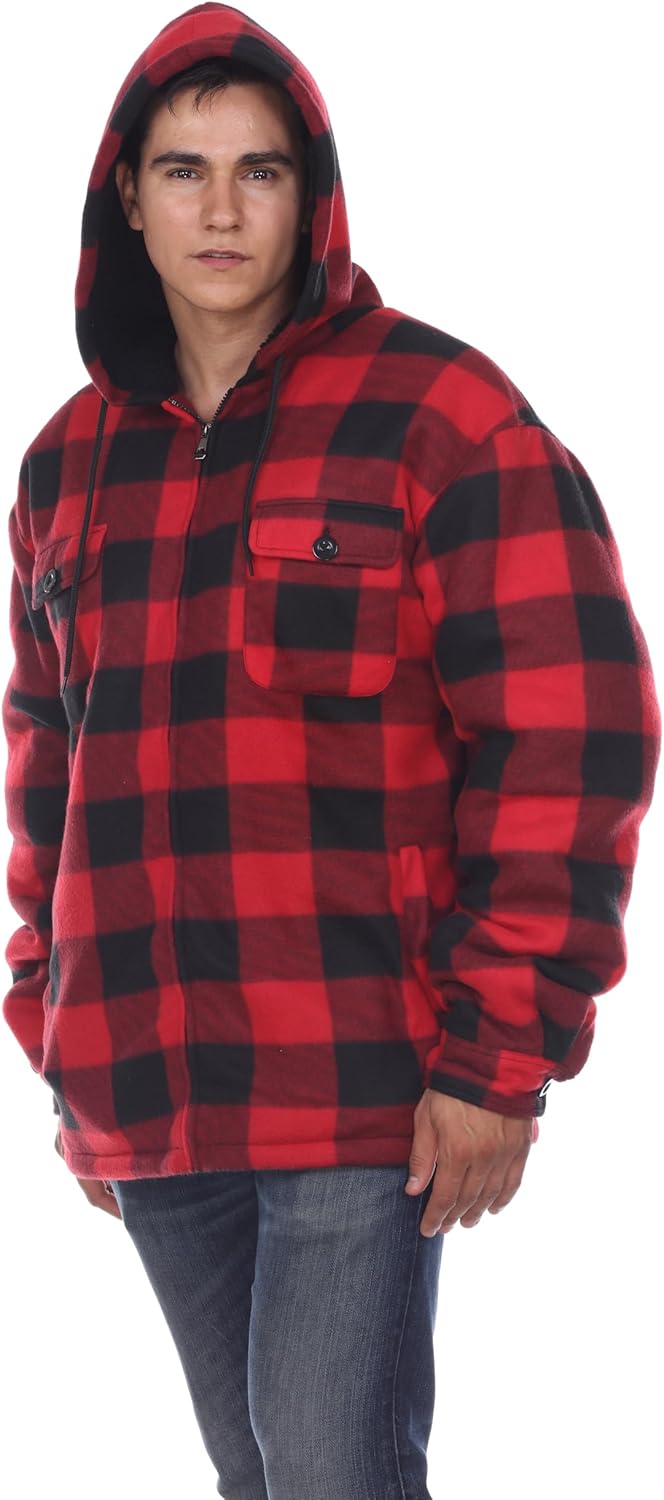 LeeHanTon Mens Sherpa Lined Plaid Hoodie Jacket Heavyweight Full Zip Fleece Coat with Pockets Winter Sweatshirt Big & Tall