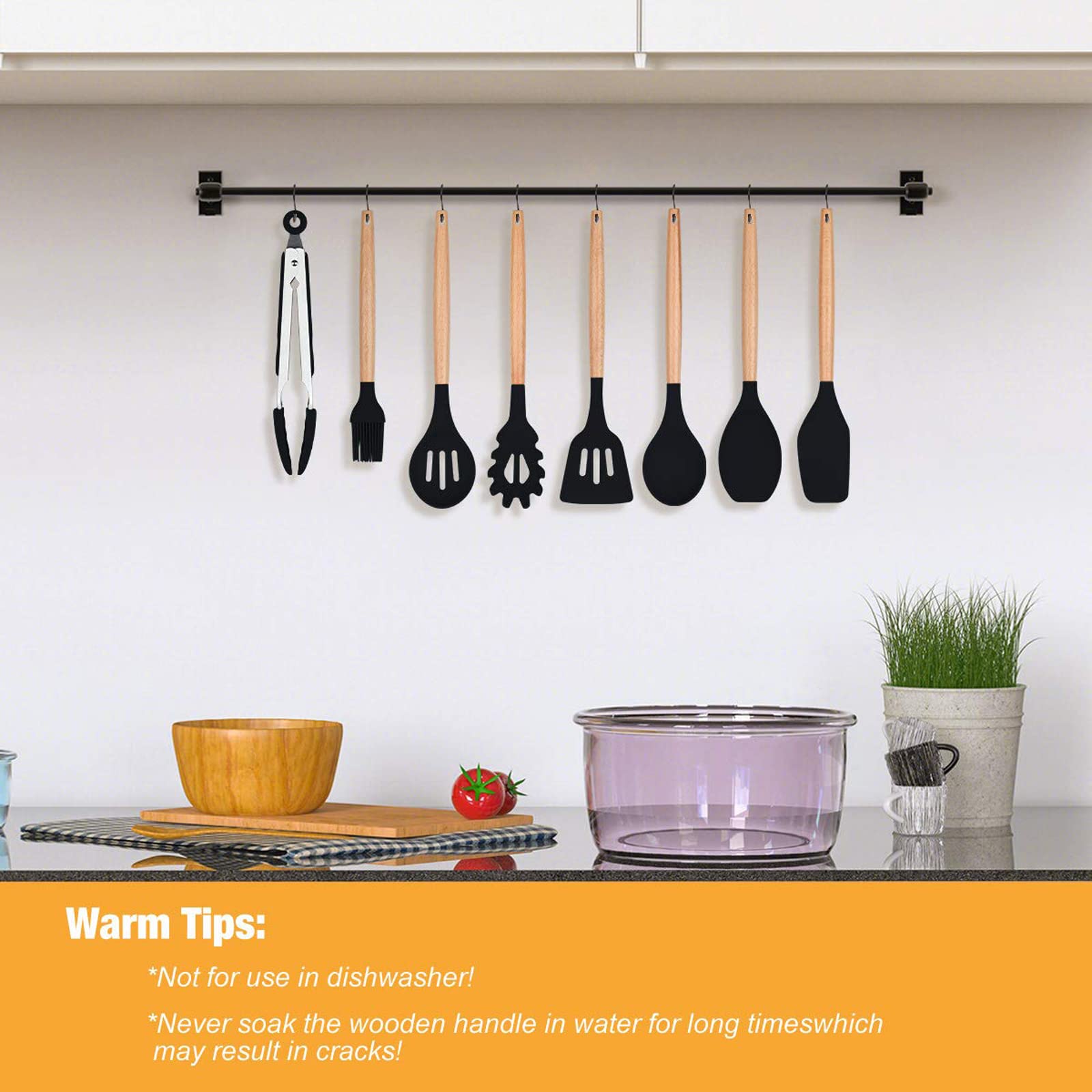 Lychee Set di Utensili da Cucina in Silicone, 12 Pezzi, Resistente al Calore con Manico Legno Antiaderenti da Cucina, Strumento di Cottura Termoresistenti (Nero)