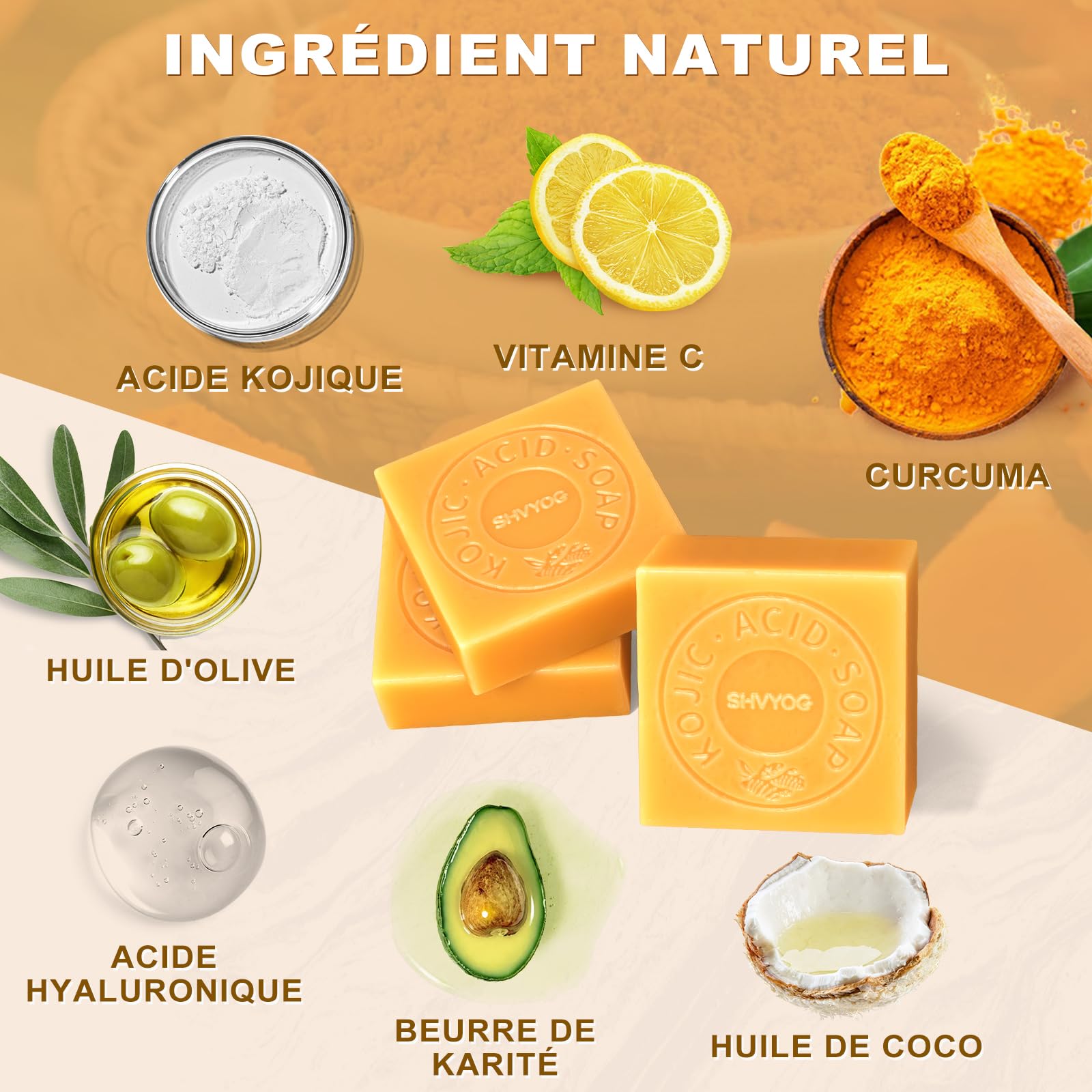 Savon à L'acide Kojique, Savon au Curcuma, VC Savonnette pour Eliminer Points Noirs, Acné et Taches Foncées, Doux pour l'Hydratation du Visage et Corps, Rétrécissement des Pores, 3x80g