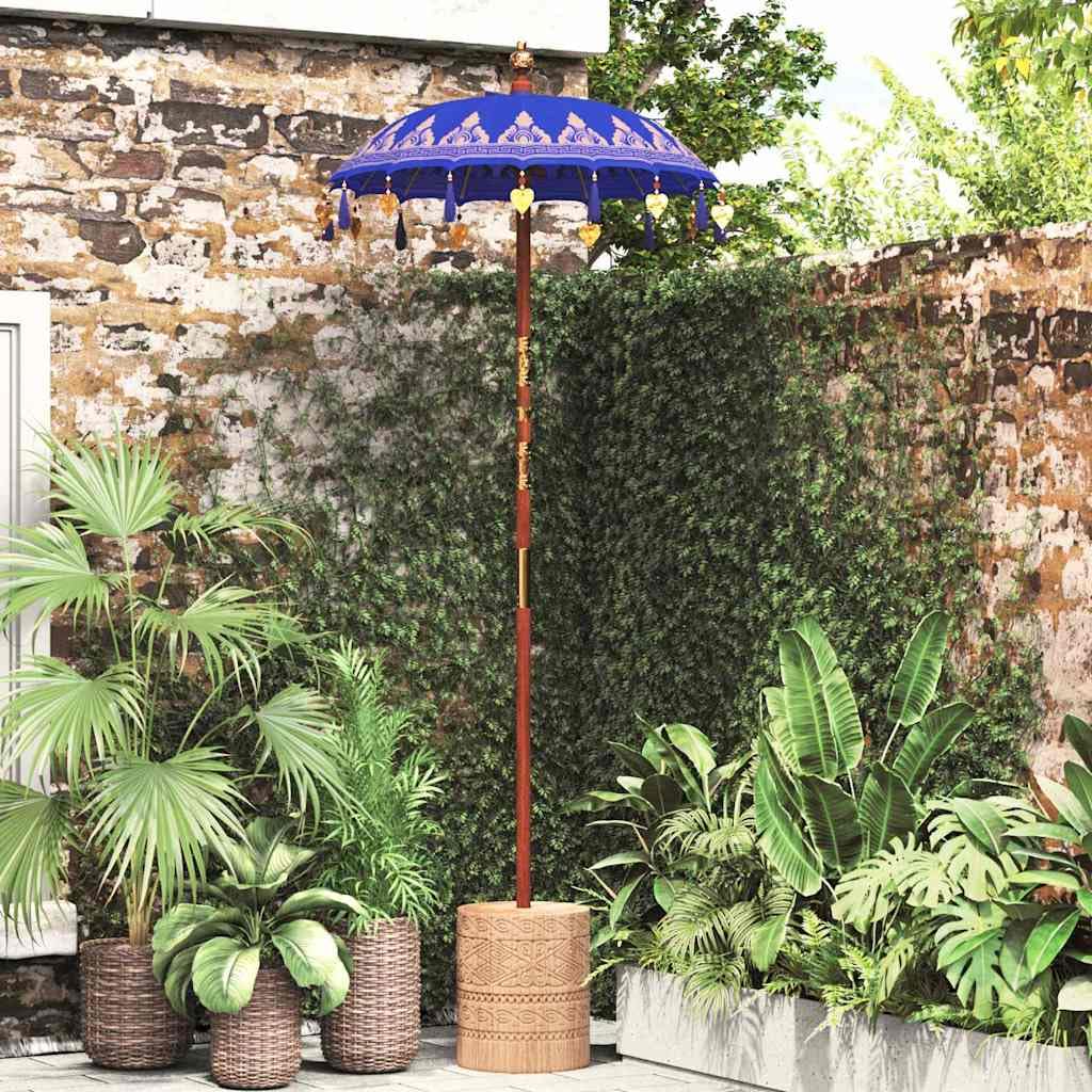 Sombrilla balinesa crema 125 x 125 x 260 cm redonda de algodón bambú con palo de madera tallada a mano diseño tropical para jardín, terraza, balcón y momentos de playa