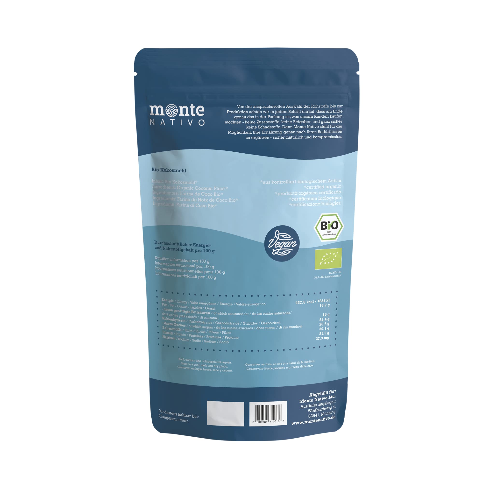 Organiczna mąka kokosowa Monte Nativo 1 kg (1000g) – Bezglutenowa alternatywa dla mąki pszennej – idealna do chleba, wypieków i ciast – Subtelny orzechowo-słodki smak