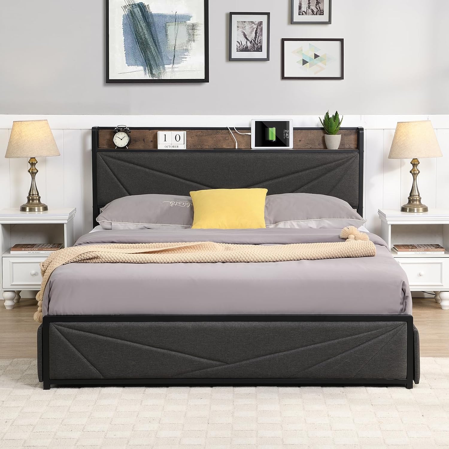 Lakifun Queen Bed Frame with 4 Storage Drawers and 2 USB Ports, Upholstered Platform Bed Frame with Storage Headboard and Wood Slat Support, No Box Spring Needed, Dark Grey