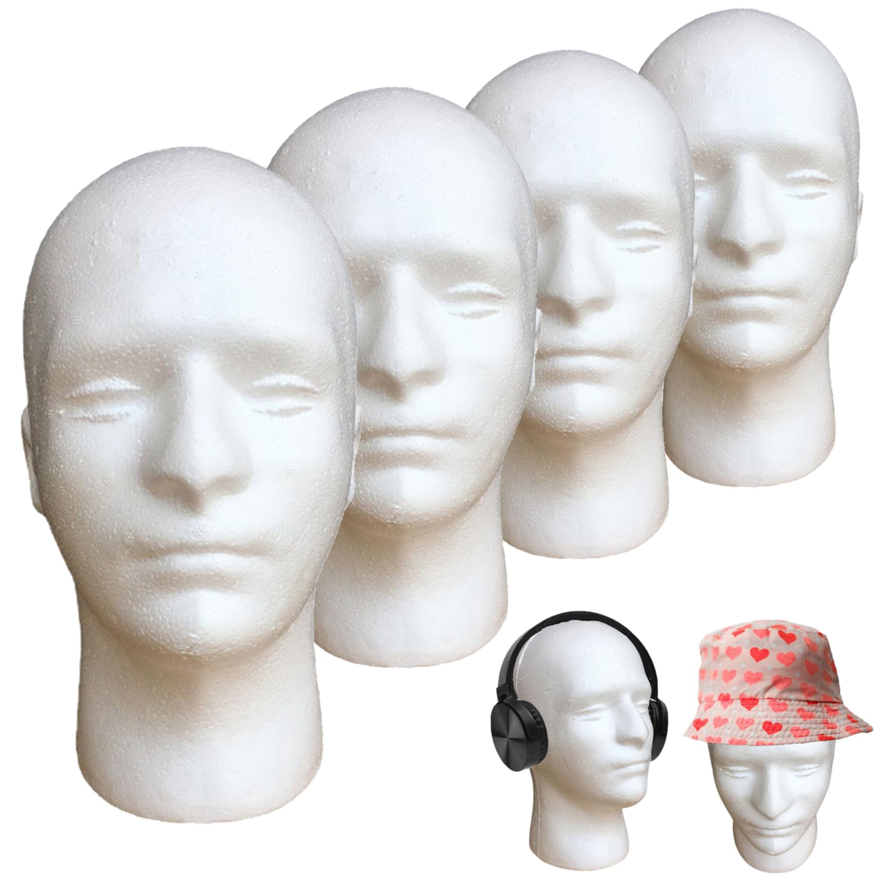 4pcs Styroporkopf, Schaufensterpuppenkopf männliches Haar Schaufensterpuppe Weißer Schaumkopf Modell Hutmasken Brille Hut Perücke Ausstellung Manikin Kopf für Zuhause, Salon, Shop