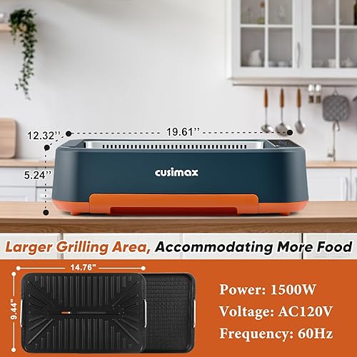 Miniatura 6 de CUSIMAX - Parrilla eléctrica, parrilla y plancha sin humo, parrilla eléctrica coreana con extractor de humo turbo y esponja de filtro reemplazable,