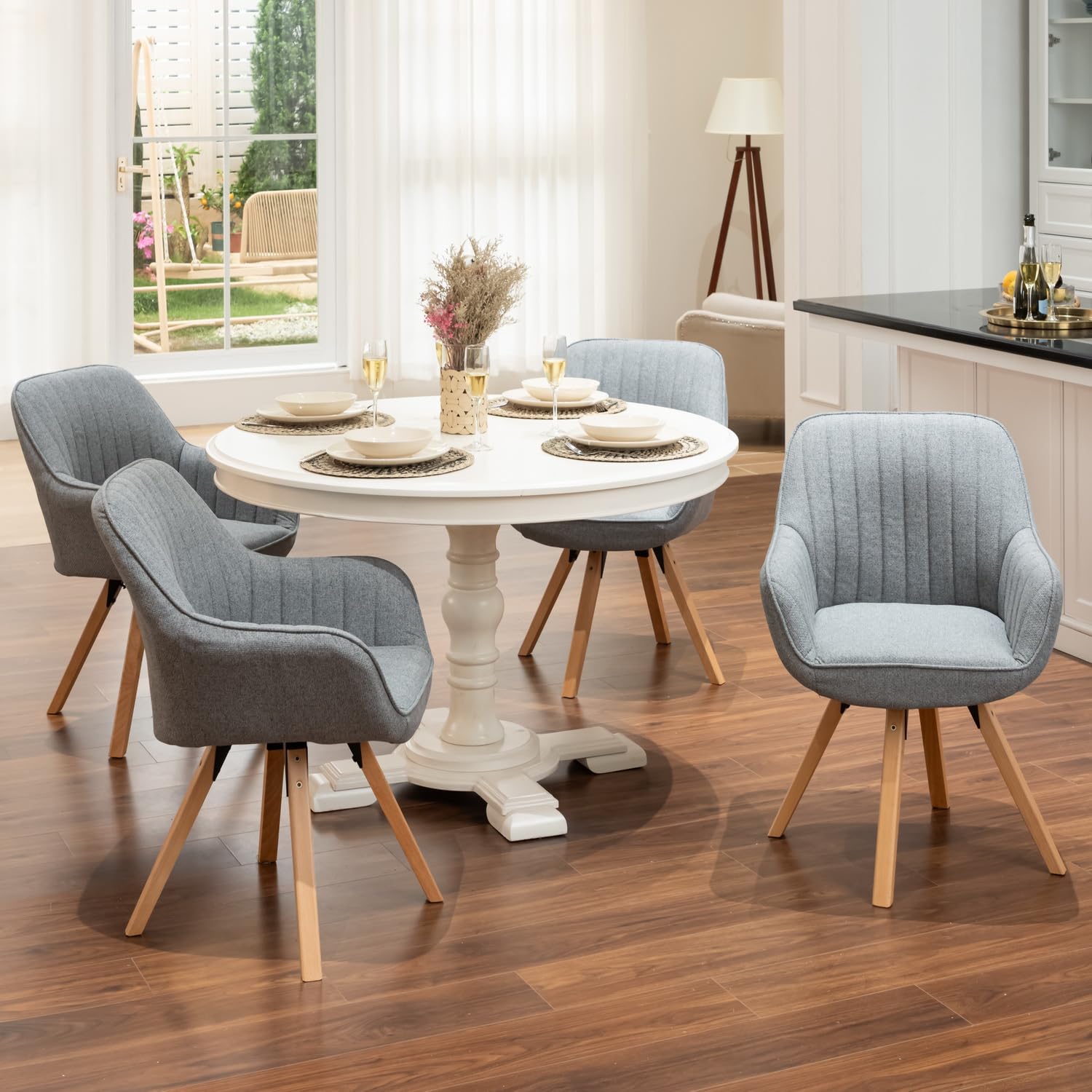 Meuble Cosy Chaise Salle à Manger Scandinave Fauteuil Coiffeuse Siège Pivotant avec Accoudoirs pour Chambre Salon Cuisine Bureau, Rembourré en Tissu Pieds en Bois Massif, Gris, 60x58x83cm
