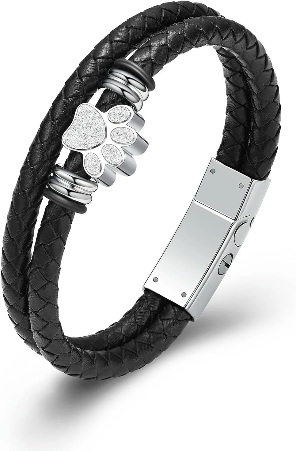 Pet Cremation Jewelry Dog Paw Urn Bracelet for Ashes Braided Leather Memorial Bracelet Urn Locket Keepsake Bangle for Men-Silver-18cm