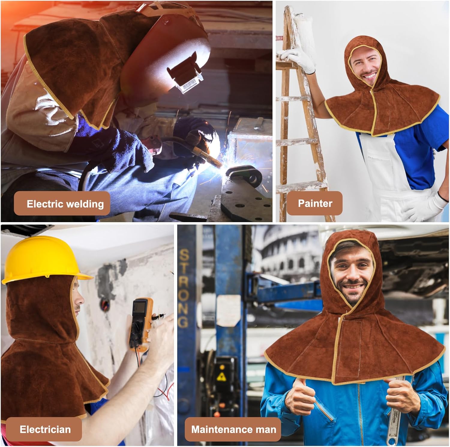 Premium Cowhide Leather Welding Hood with Shoulder Cape, Brown, Kevlar-Reinforced, Full Head Coverage Helmets, OSHA Compliant, Men & Women - Image 7