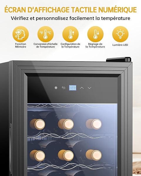 WIE Cave à Vin 18 Bouteilles 53L Réfrigérateur à Vin 5°C-18°C Refroidissement par Compresseur Verre Porte Panneau Tactile LED Intérieur Frigo Vin Bar Intérieur/Extérieur - 2