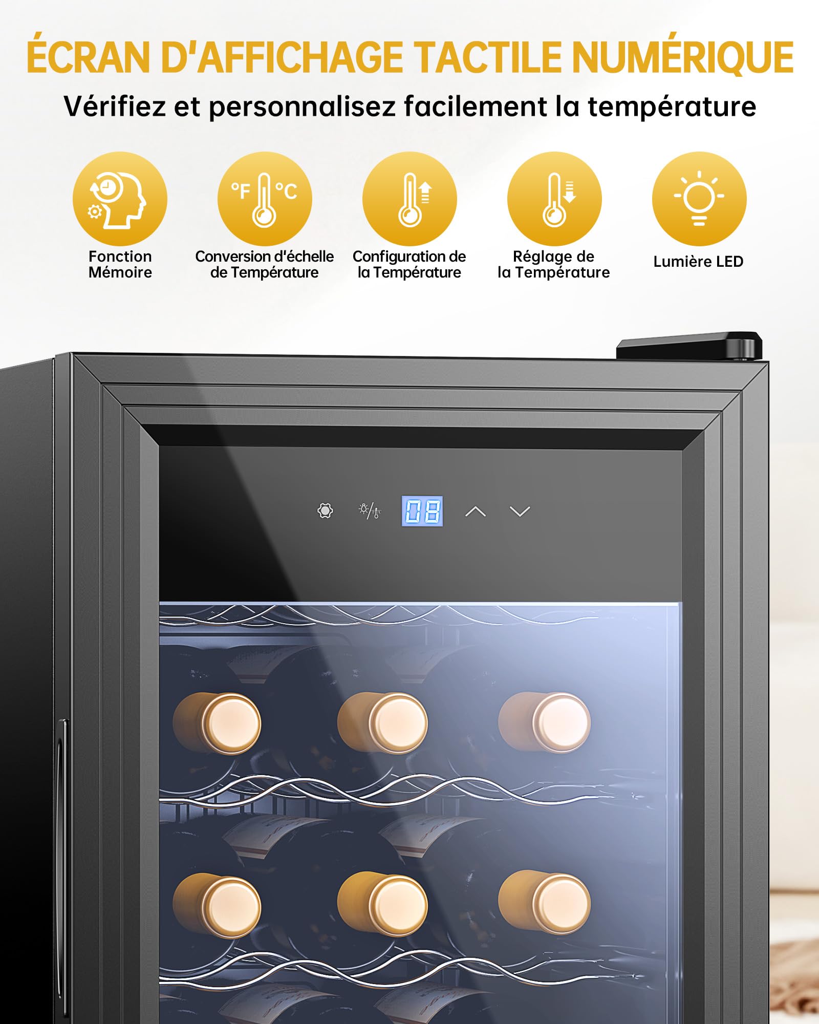 Cave à Vin 18 Bouteilles 53L Réfrigérateur à Vin 5°C-18°C Compresseur Verre Porte Panneau Tactile LED