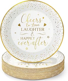 50 Pack Wedding Paper Plates - 9 Inch Bulk Cheers To Love And Happily Ever After Dinner Dessert Plates for Wedding Bridal Shower Engagement Party Supplies
