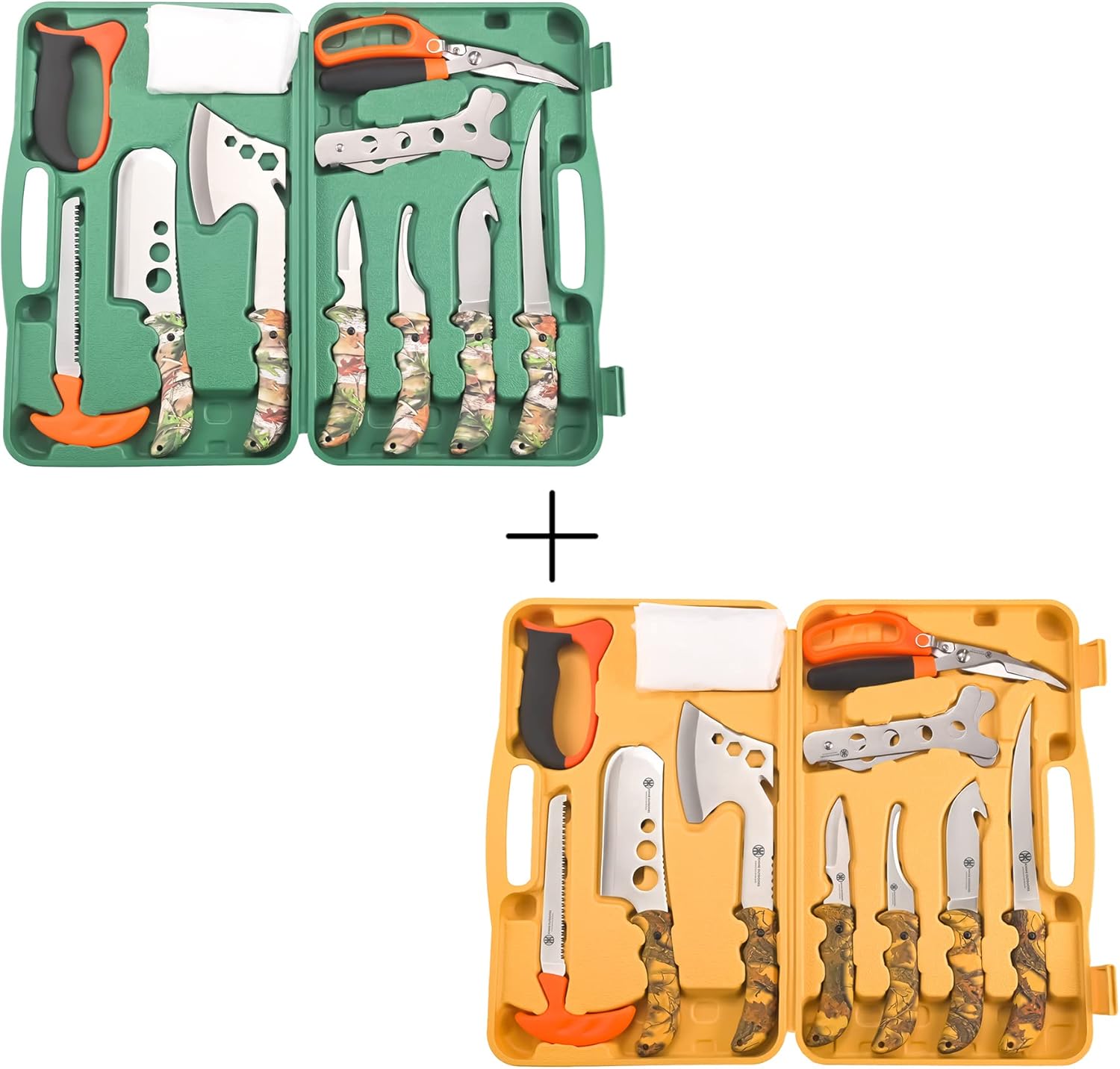KNINE OUTDOORS 2022 Hunting Deer Knife Set Yellow Handle Field Dressing Kit Portable Butcher Game Processor Set, 12 Pieces, Yellow Green Case