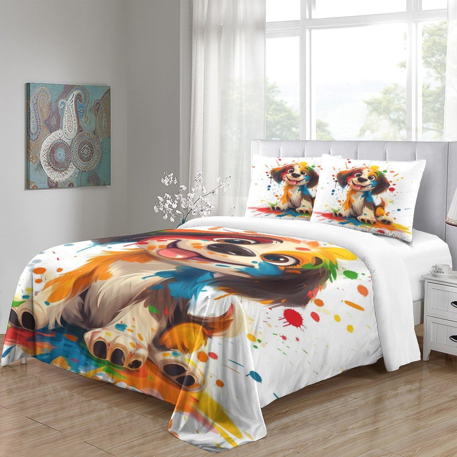 simpatico modello di cucciolo Set Di Biancheria Da Letto Con Copripiumino E Federe,motivo Color Reversibile,facile Da Lavare,anallergico,morbido E Liscio Matrimoniale Double（200x200cm）