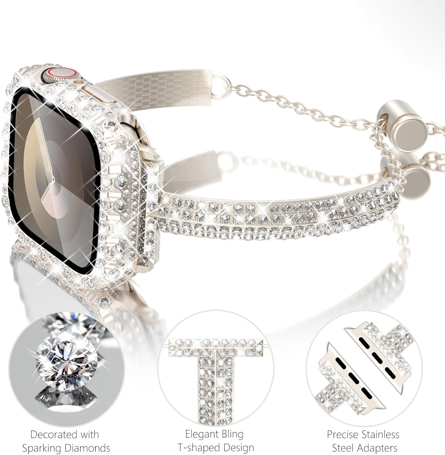 WINGLE Bling Band for Apple Watch Bands Women 38mm 40mm 41mm 42mm 46mm 45mm 44mm 42mm SE 3/2/1 Series 11 10 9 8 7 6 5 4 3 2 1, Diamond Rhinestone Bracelet with Waterproof Glitter Case Lace Edge Cover - Image 2