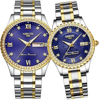 NIBOSI Watches for Couples Diamond Luxury Men and Women His and Hers Pair Watch Set Husband Wife Valentines Matching Wrist Watch Wedding Gifts Day Date Waterproof Quartz Analog