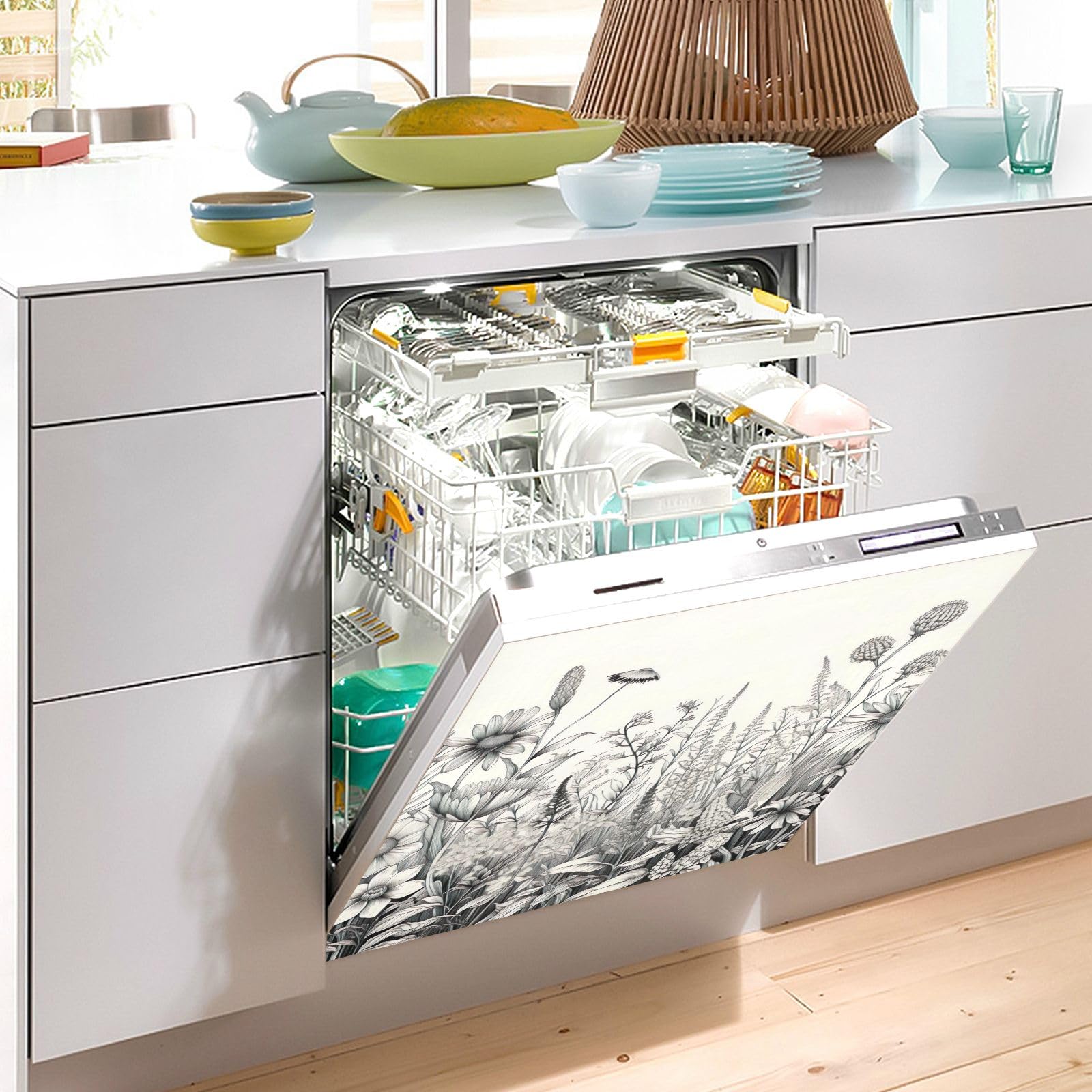 Kitchen Decor - Adesivo magnetico per lavastoviglie, motivo fiori selvatici bianchi e neri, decalcomania frontale per frigorifero, decorazione per elettrodomestici da cucina, 58,4 x 66 cm