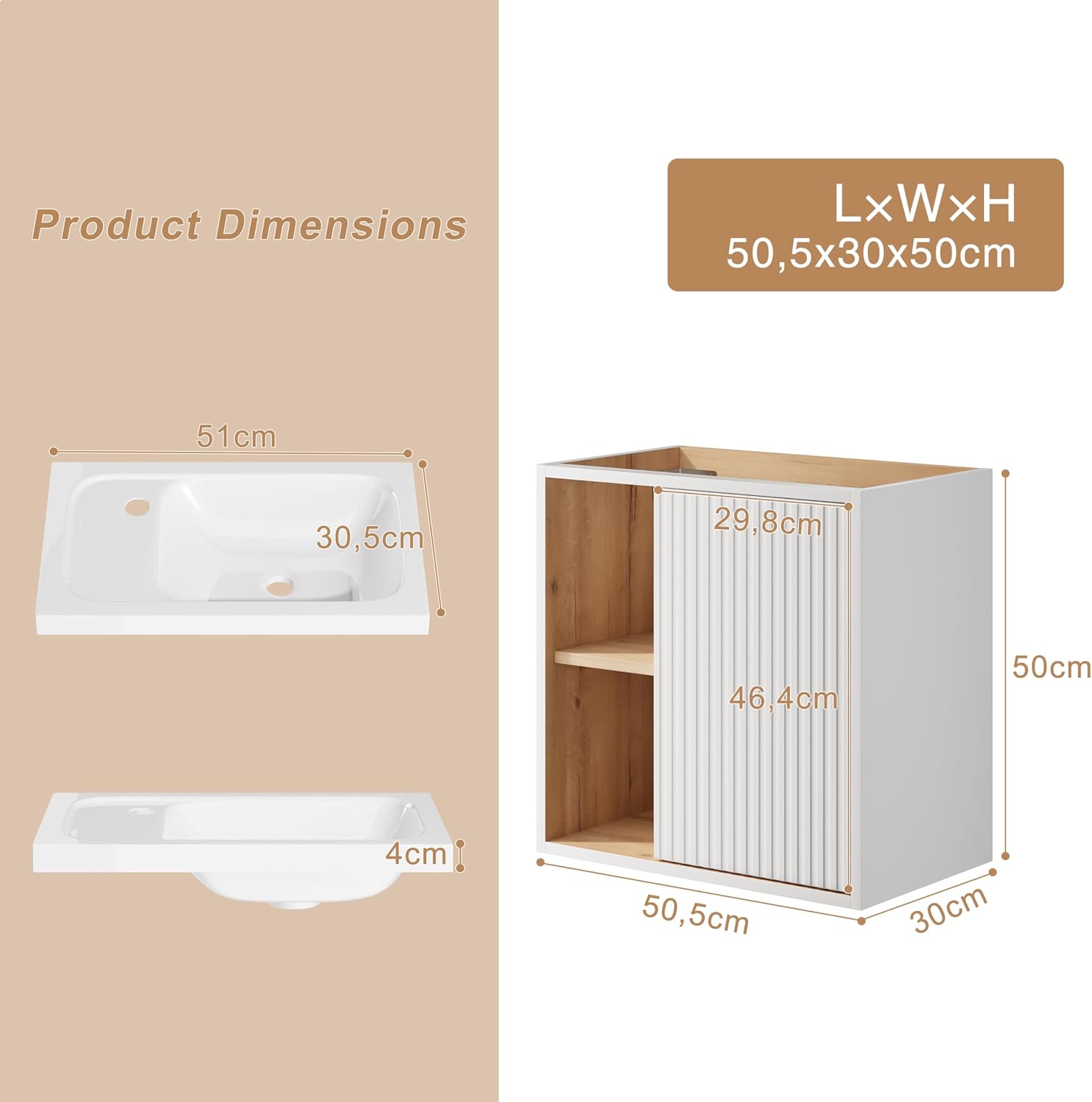 UEV 500 mm Wall Hung Vanity Unit with Resin Sink, Space-Saving Storage Cabinet, Modern White Line Design, Wall Mounted Cloakroom Basin