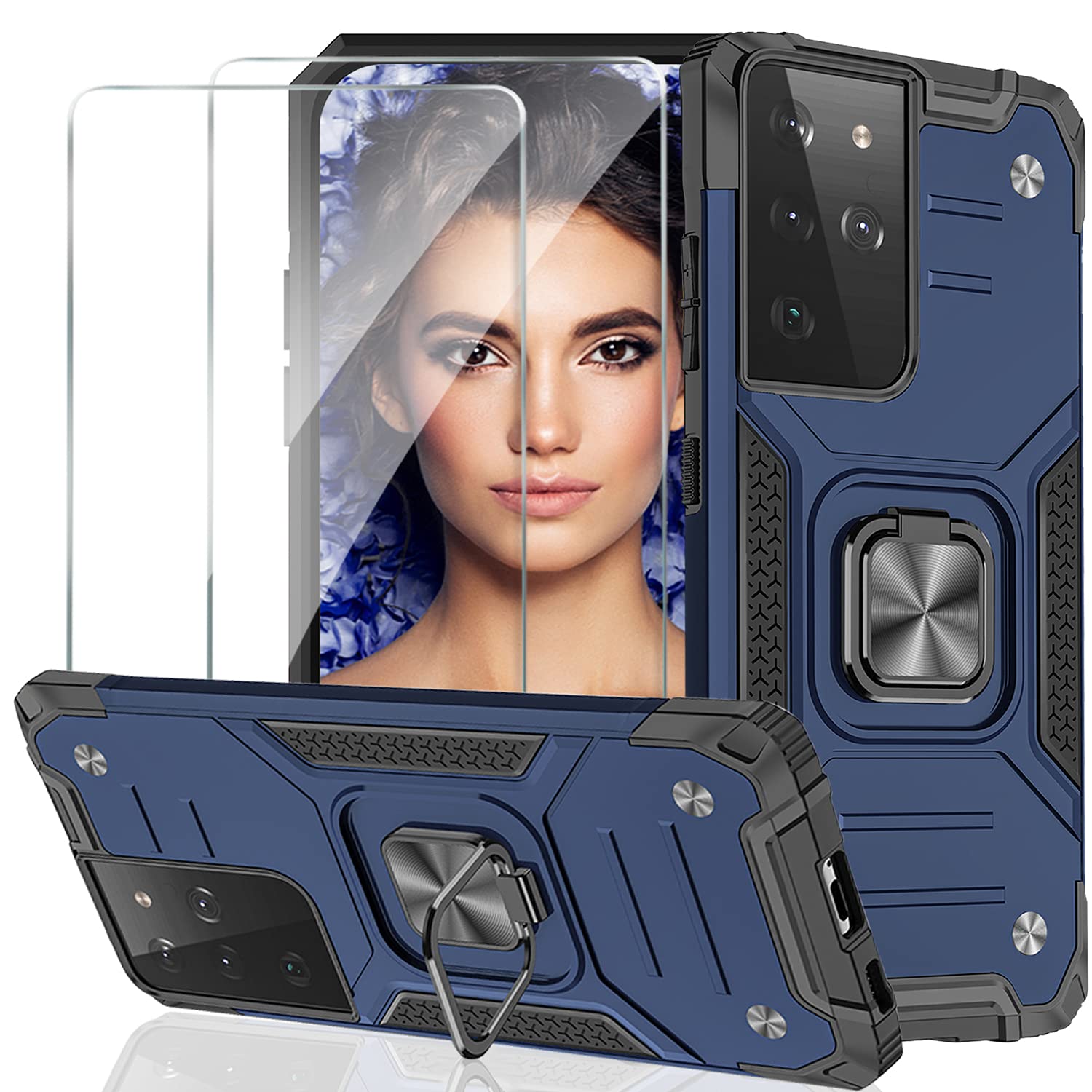 S21 Ultra Case Compatible with Samsung Galaxy S21 Ultra Case with Screen Protector Military Grade Protected Cover Rotation Magnetic Ring Holder Kickstand Galaxy S21 Ultra Case 5G Shockproof Cover