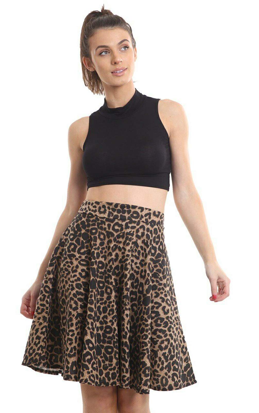 Wearall Women's Brwon Leopard Plus Size Tartan Check Print Elastic Short Skater Skirt Leopard - 26-28