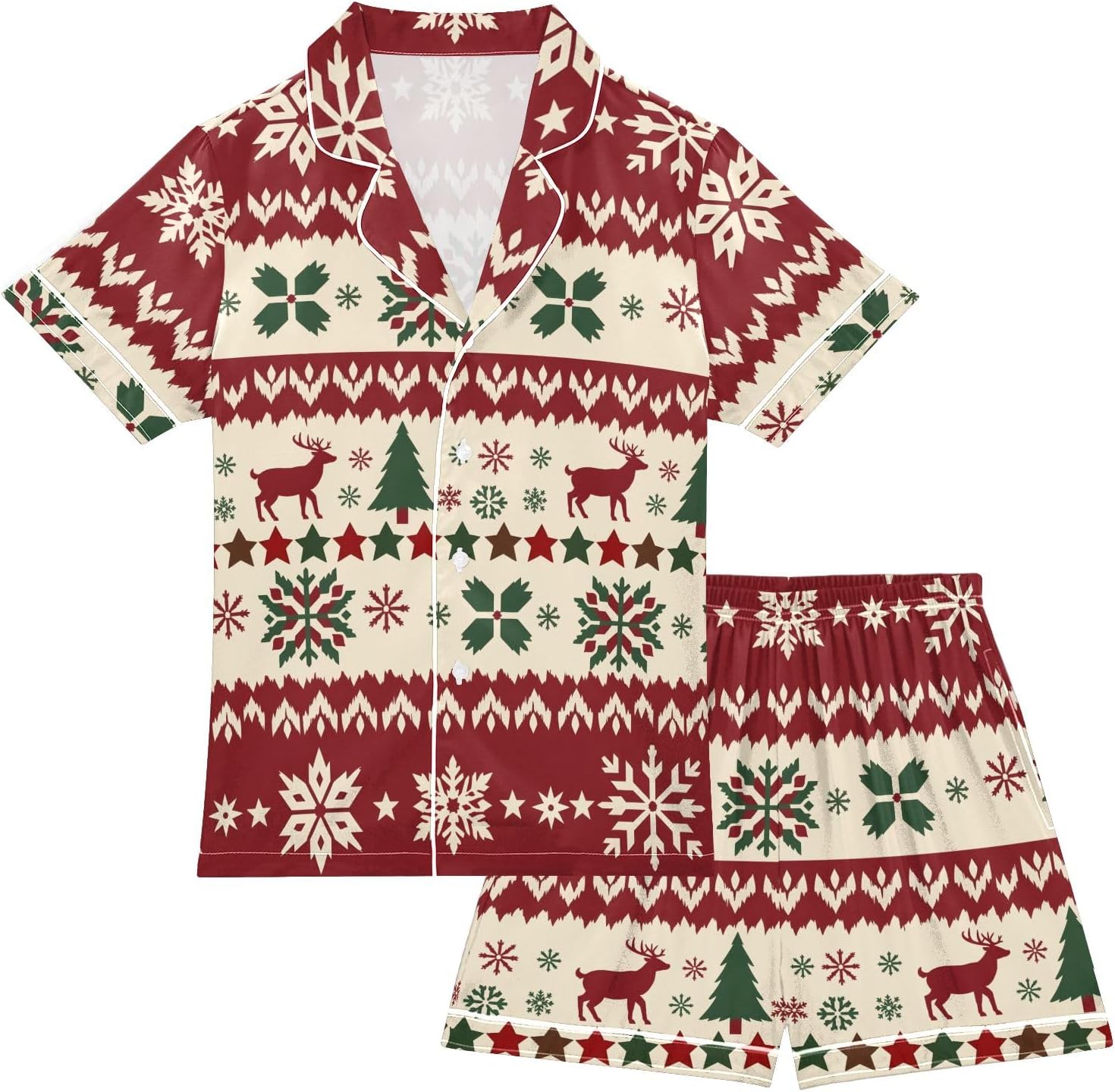 Kids Satin Wear Set Christmas Tree Snowflake Reindeer Pattern Relaxed Fit Clothing Short Sleeve and Shorts