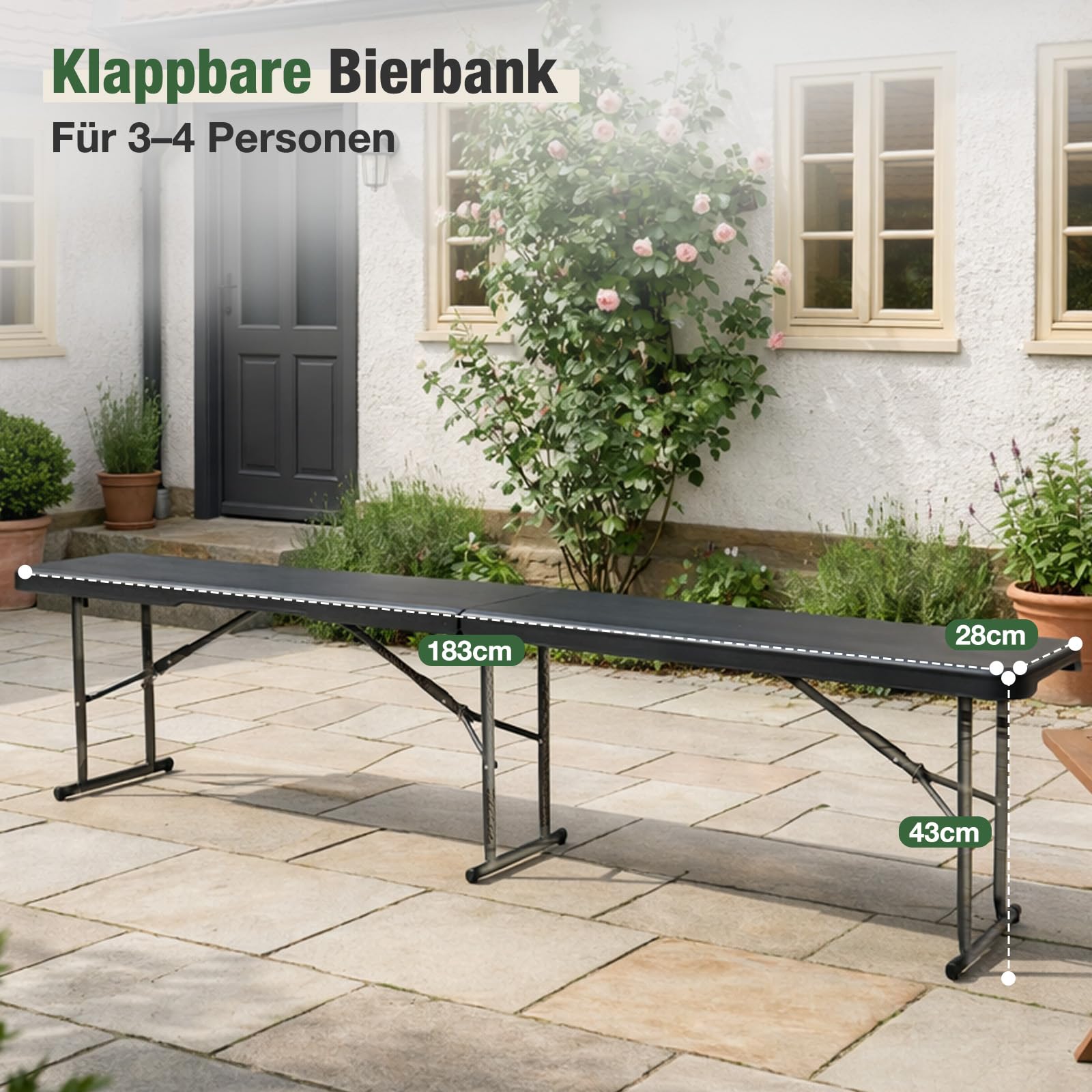 Sekey 2er Set Bierbank Klappbar Kunststoff, 8 Personen 183cm Klappbank Bierbänke Faltbar Biergarten Campingbank Bierzeltgarnitur Garten, Schwarz