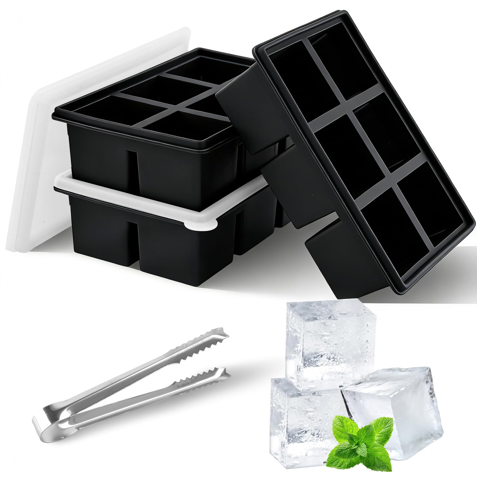 3 Pack Black Silicone Ice Cube Trays with Lid and Tong