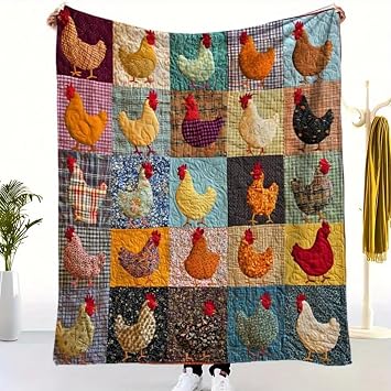 Rooster Print Blanket, Cozy Vintage Chicken Quilt Blanket, Soft Chicken Nugget Print Nugget Blankets, Rooster Plaid Throw Blankets, Flannel Throw with Cute Roosters Farm Quilt DesignOrange,50*60in