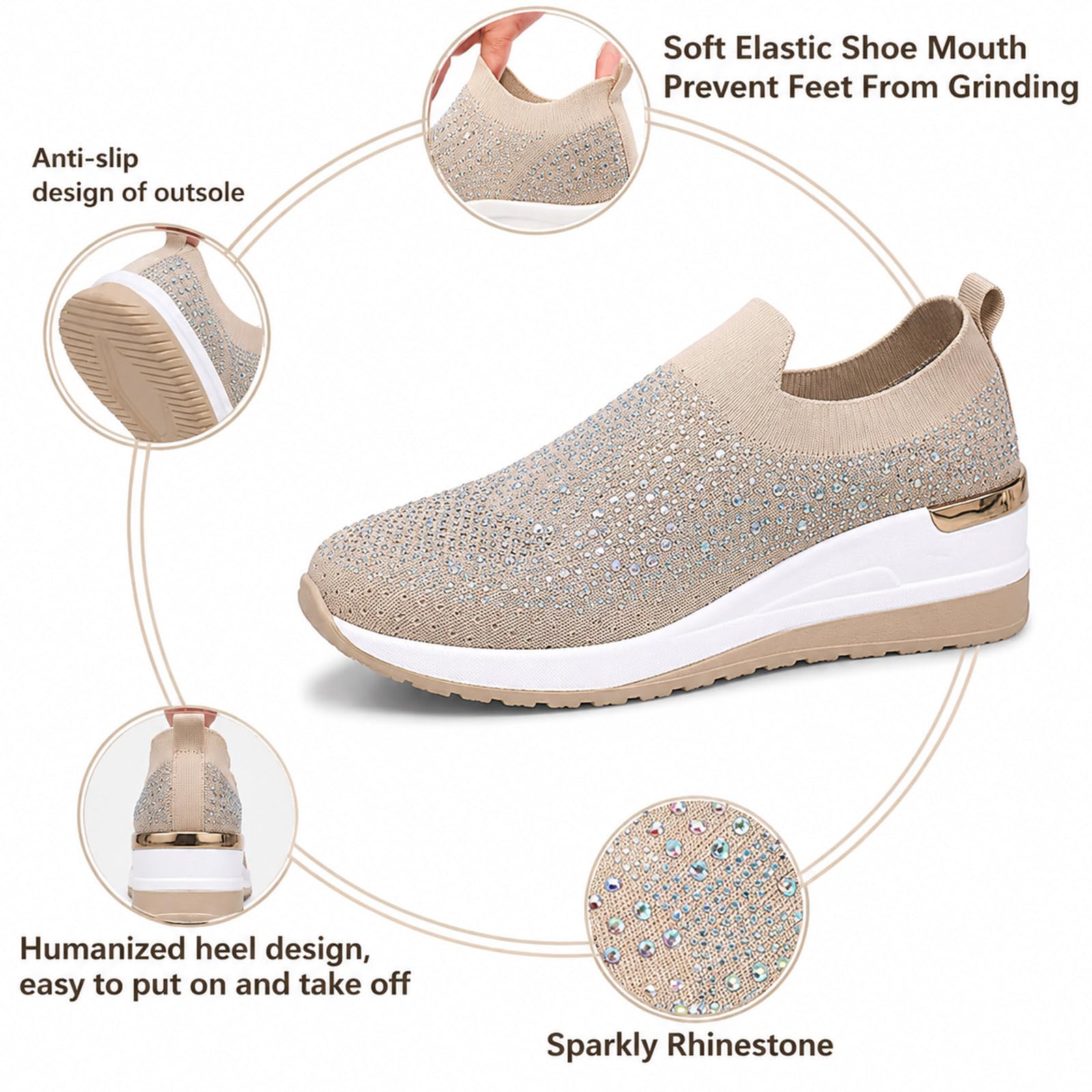 Scarpe da ginnastica da donna con zeppa e strass scintillanti, alla moda, con strass, con zeppa, casual, senza lacci, scarpe da tennis